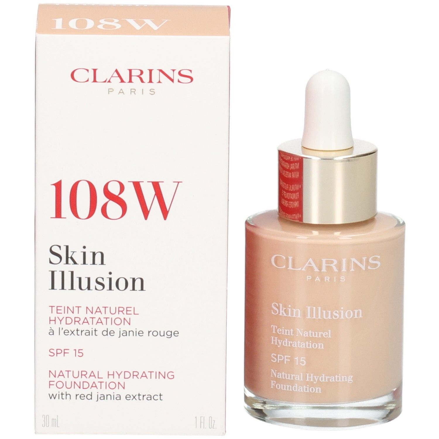 Clarins Skin Illusion fond de teint 108W, avec boîte, flacon verre avec pipette, 30ml.