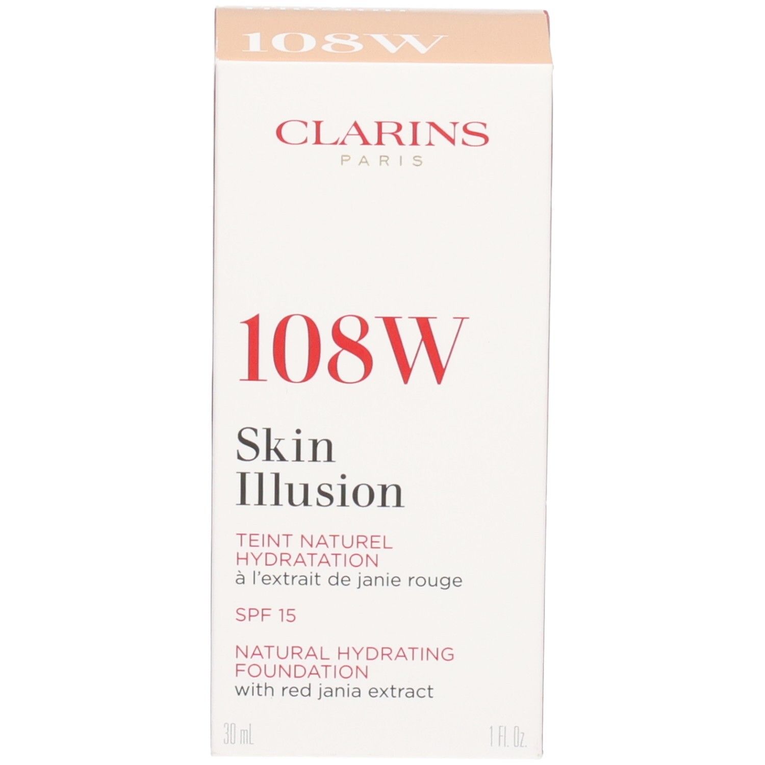 Clarins Skin Illusion fond de teint 108W, boîte avec informations produit, 30ml.