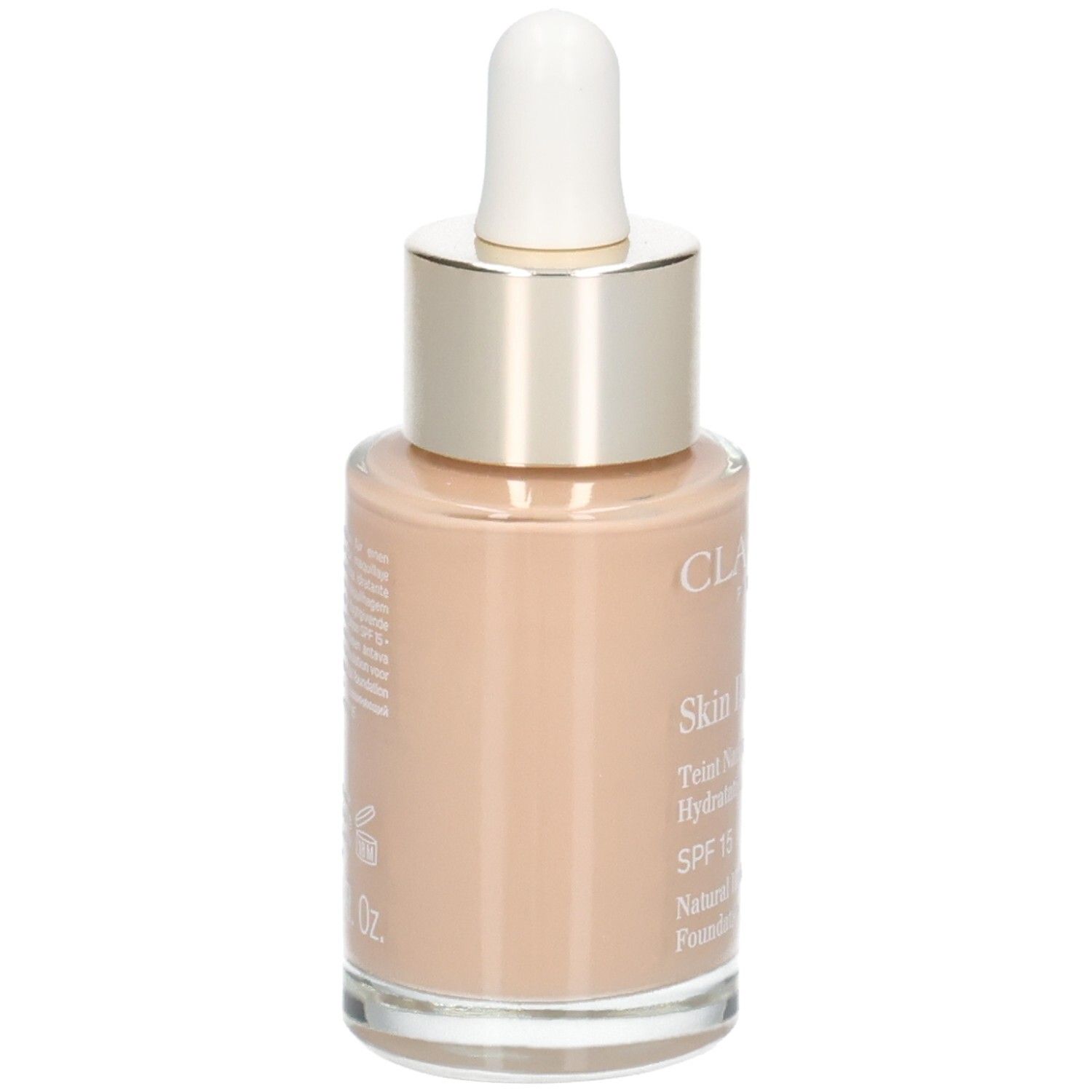 Clarins Skin Illusion Foundation, arrière du flacon verre avec pipette. Teinte 108.5 Cashew.