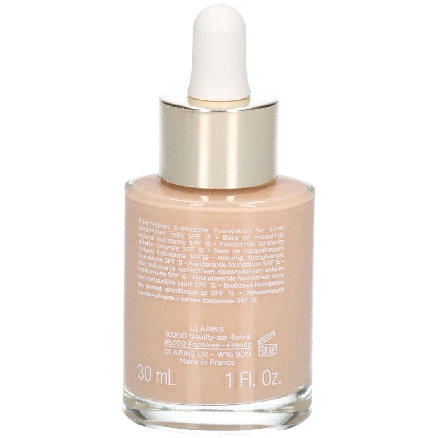 Clarins Skin Illusion Foundation, arrière du flacon verre avec pipette. 30 ml. Teinte 108.5 Cashew.