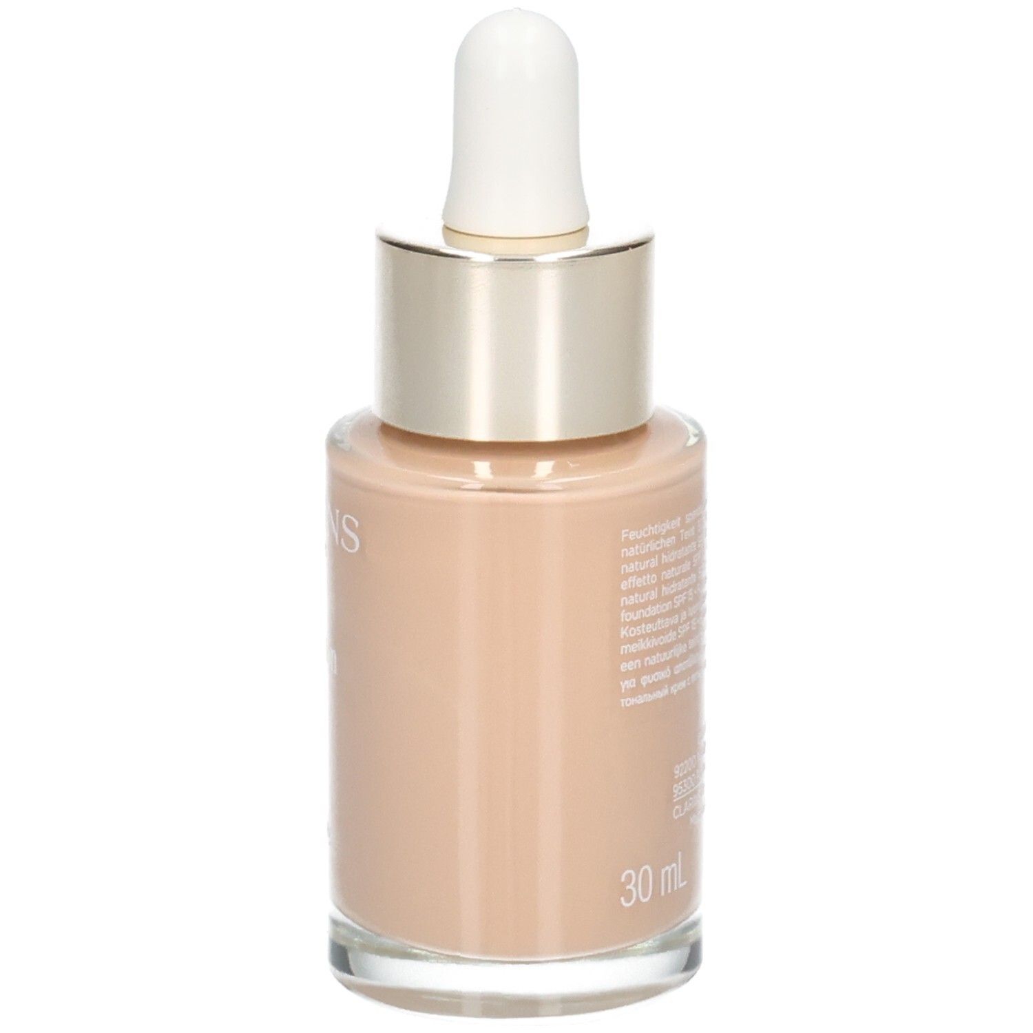 Clarins Skin Illusion Foundation, côté du flacon verre avec pipette. Teinte 108.5 Cashew.