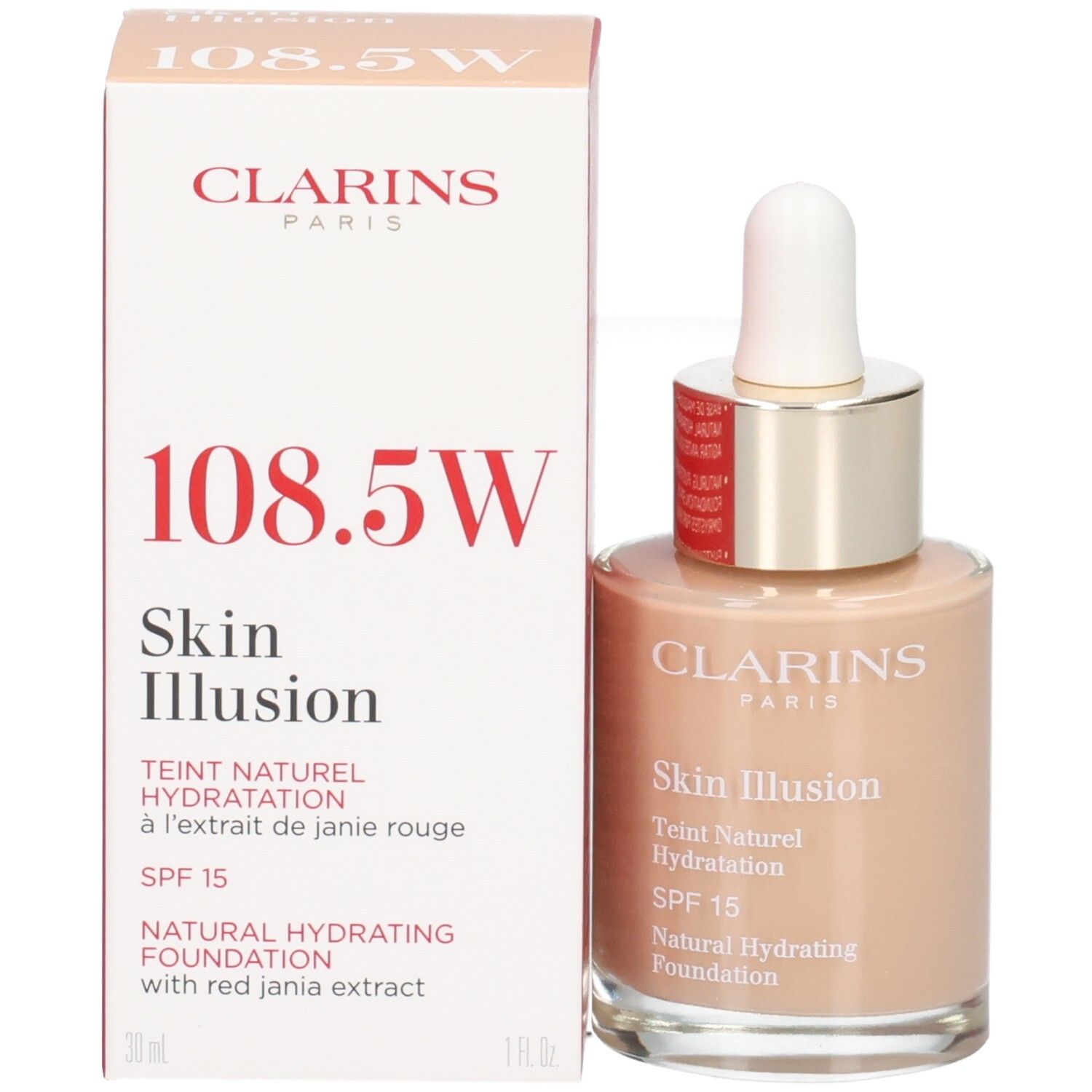 Clarins Skin Illusion Foundation 108.5 Cashew avec emballage. Flacon verre avec pipette.