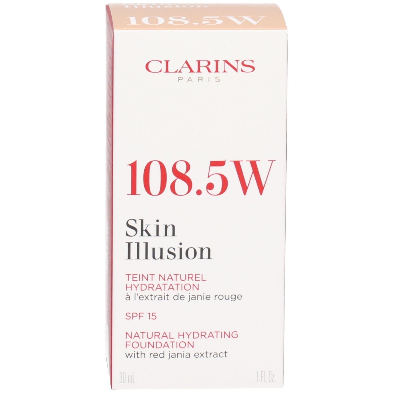 Clarins Skin Illusion Foundation 108.5 Cashew avec emballage. Boîte et flacon verre avec pipette.