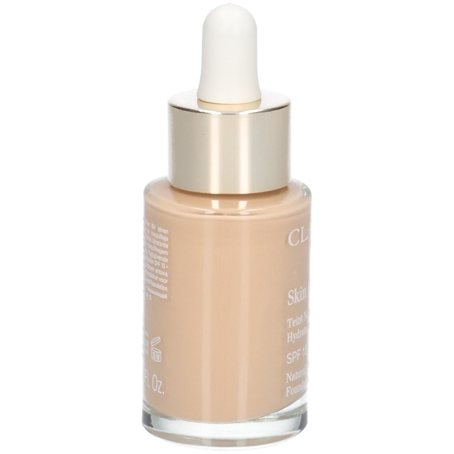 Clarins Skin Illusion fond de teint, vue arrière. Flacon verre avec pipette. Teinte 110 Honey.