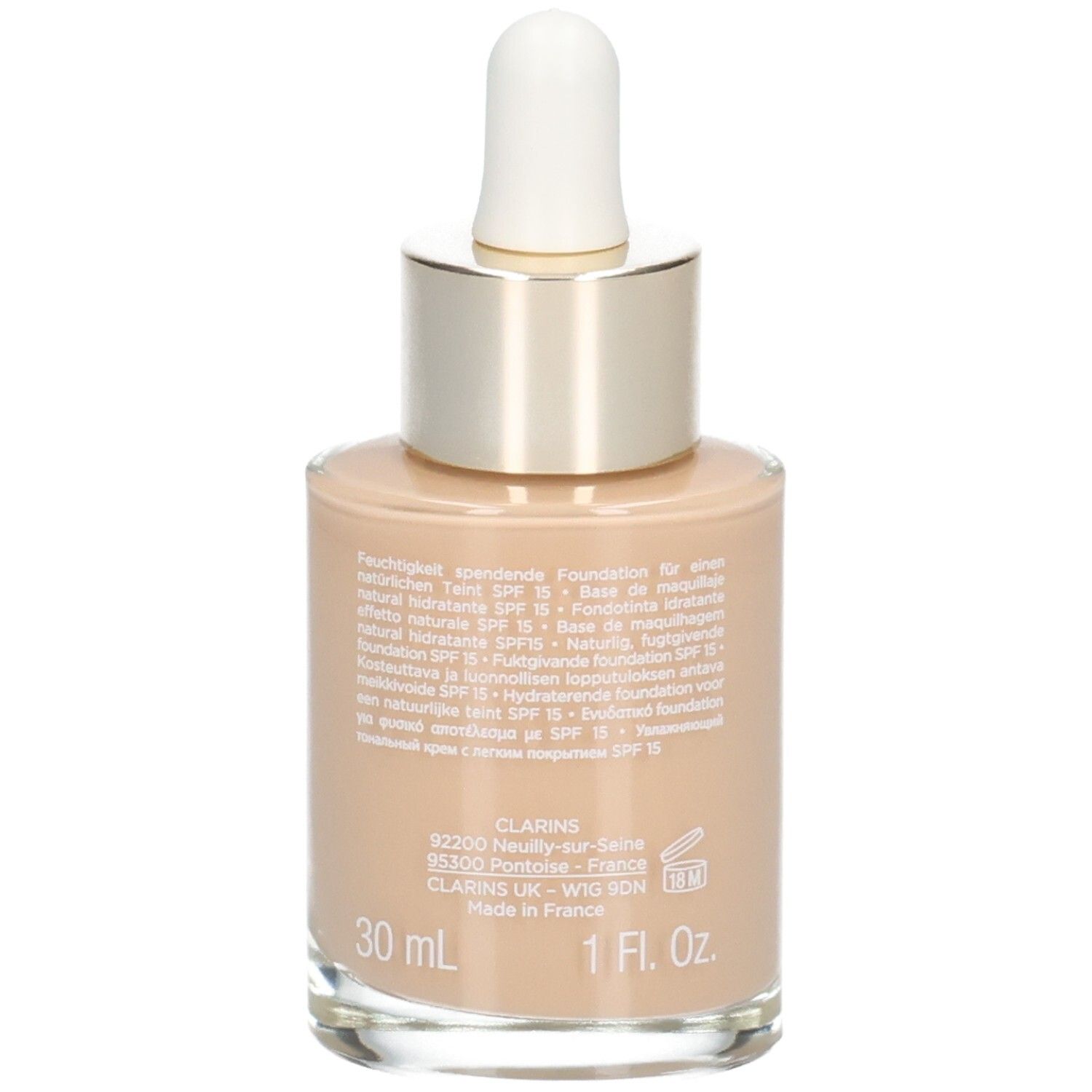 Clarins Skin Illusion fond de teint, dos avec informations produit. 30 ml. Teinte 110 Honey.