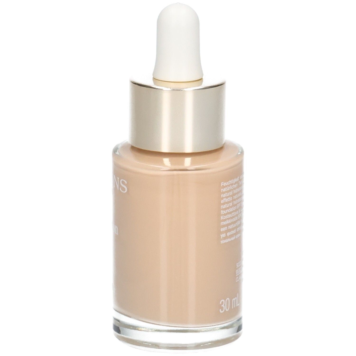 Clarins Skin Illusion fond de teint, vue latérale. Flacon verre avec pipette. Teinte 110 Honey.