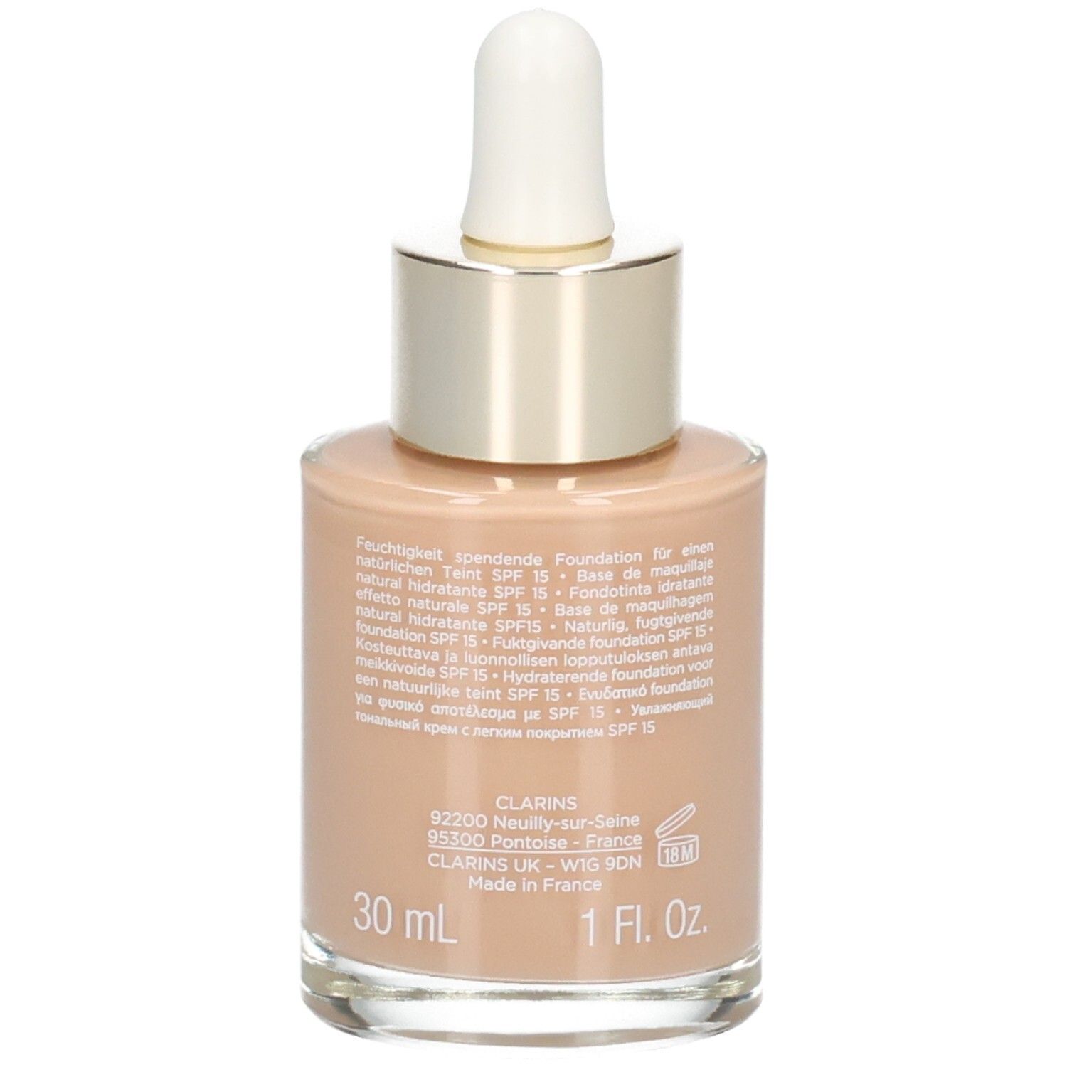 Fond de teint Clarins Skin Illusion, teinte 112 Amber, 30ml, verso avec détails.