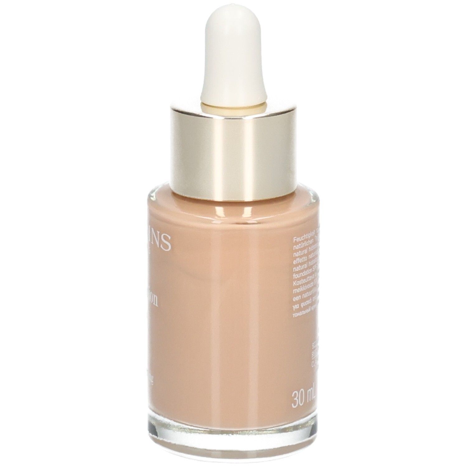 Fond de teint Clarins Skin Illusion, teinte 112 Amber, vue latérale du flacon en verre.