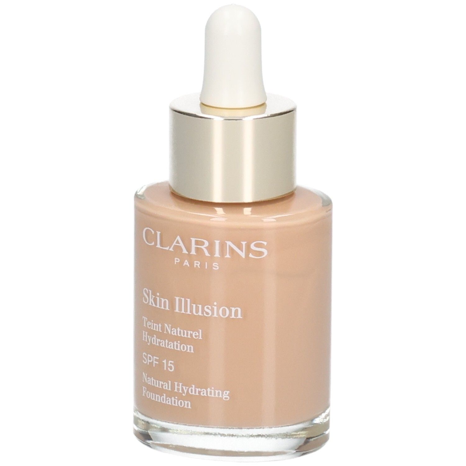 Fond de teint Clarins Skin Illusion, teinte 112 Amber, flacon en verre avec pipette, vue de face.