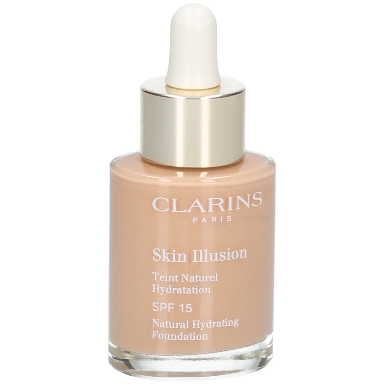 Fond de teint Clarins Skin Illusion, teinte 112 Amber, flacon en verre avec pipette, vue frontale.