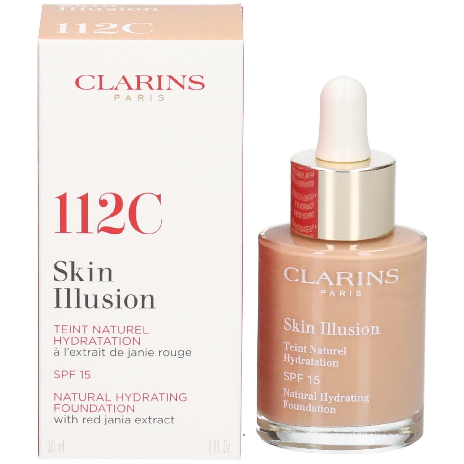 Fond de teint Clarins Skin Illusion 112C Amber, avec emballage, SPF 15.