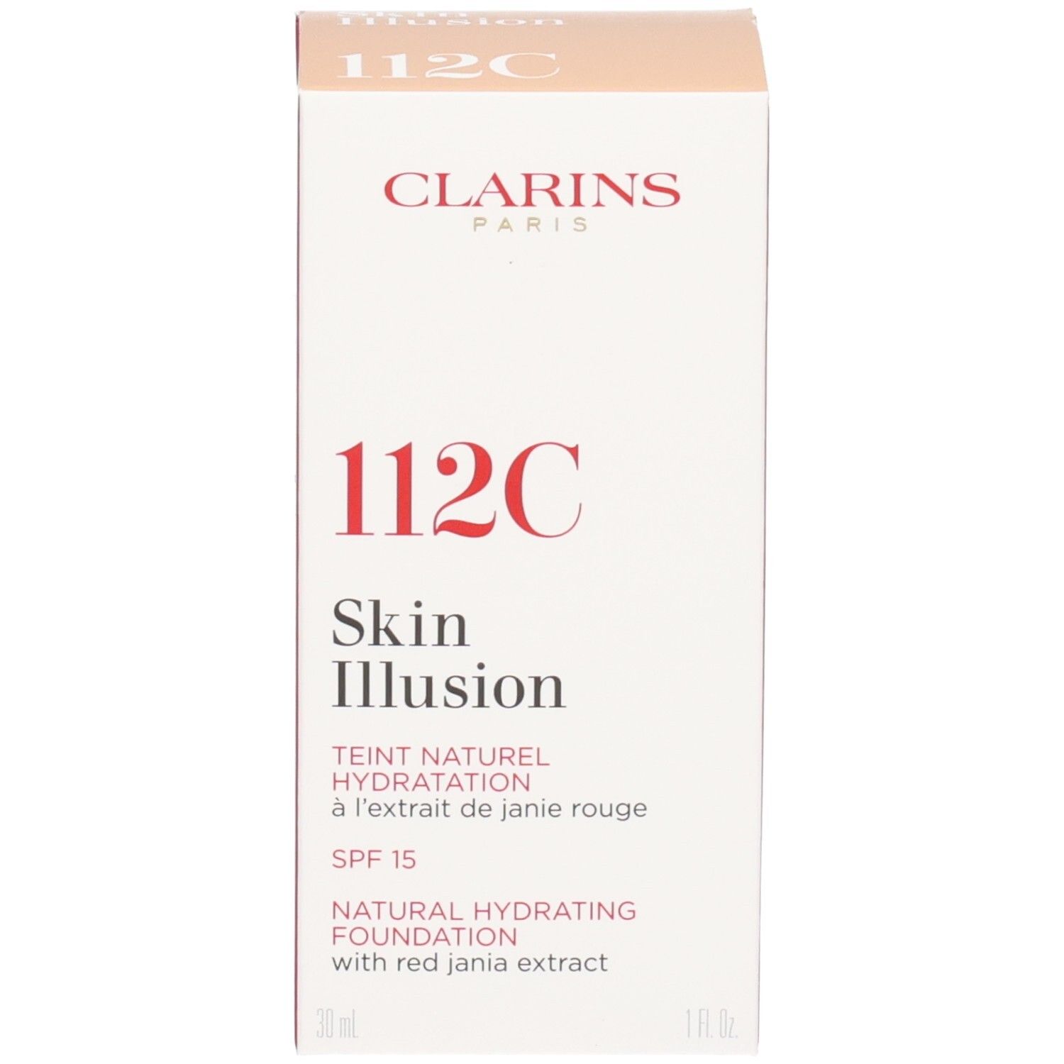 Fond de teint Clarins Skin Illusion 112C Amber, emballage, SPF 15.