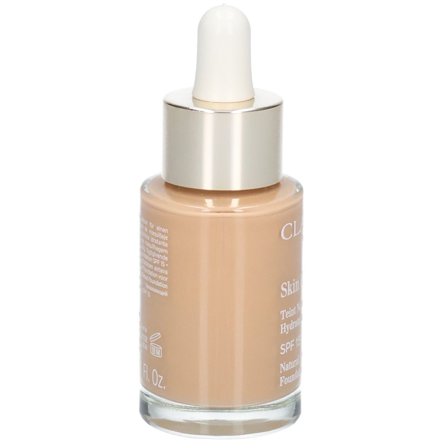 Clarins Skin Illusion Foundation, 112,3N. Arrière du flacon en verre avec pipette. SPF 15.