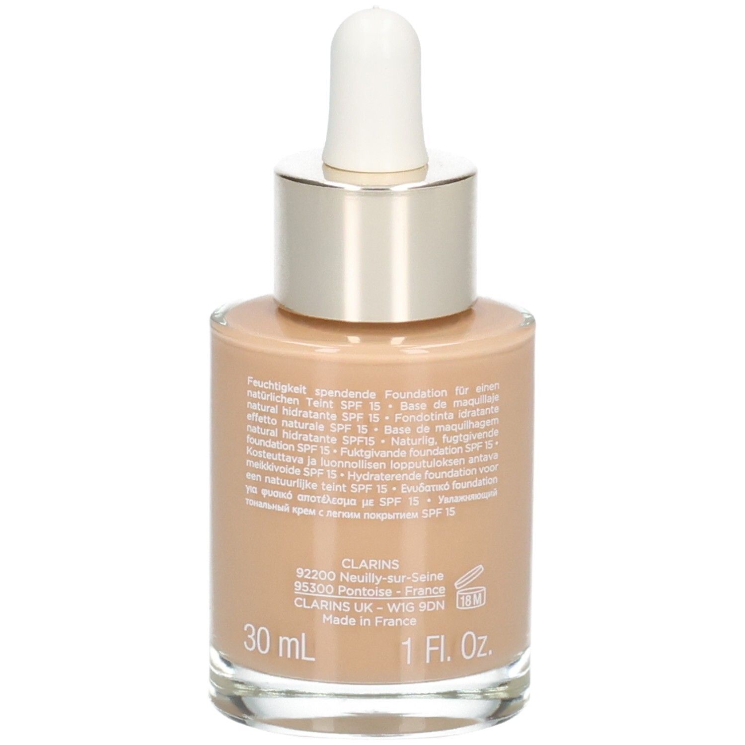 Clarins Skin Illusion Foundation, 112,3N. Flacon en verre avec pipette, 30 ml. Fabriqué en France.