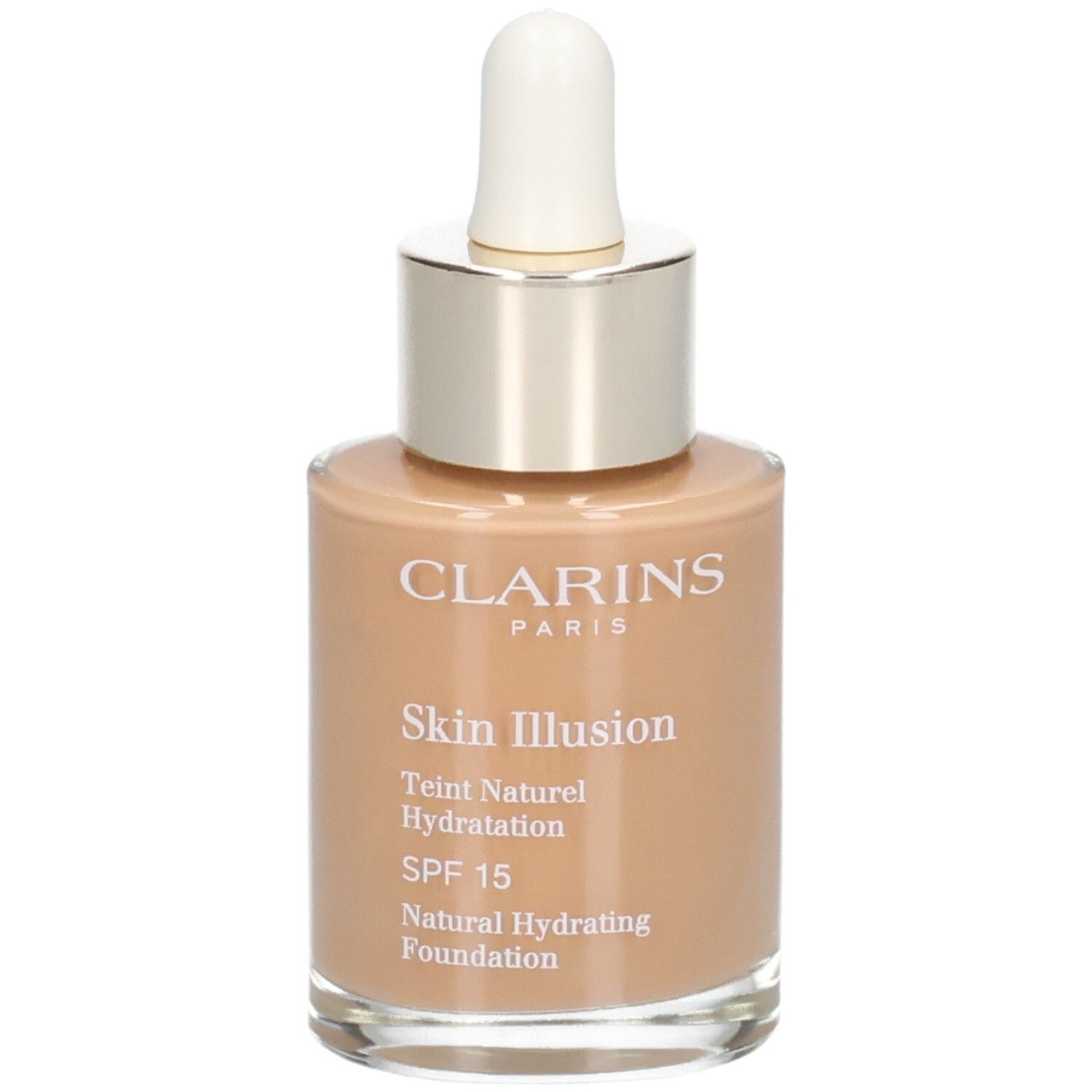 Fond de teint Clarins Skin Illusion, teinte 114C Cappuccino, avec pipette.