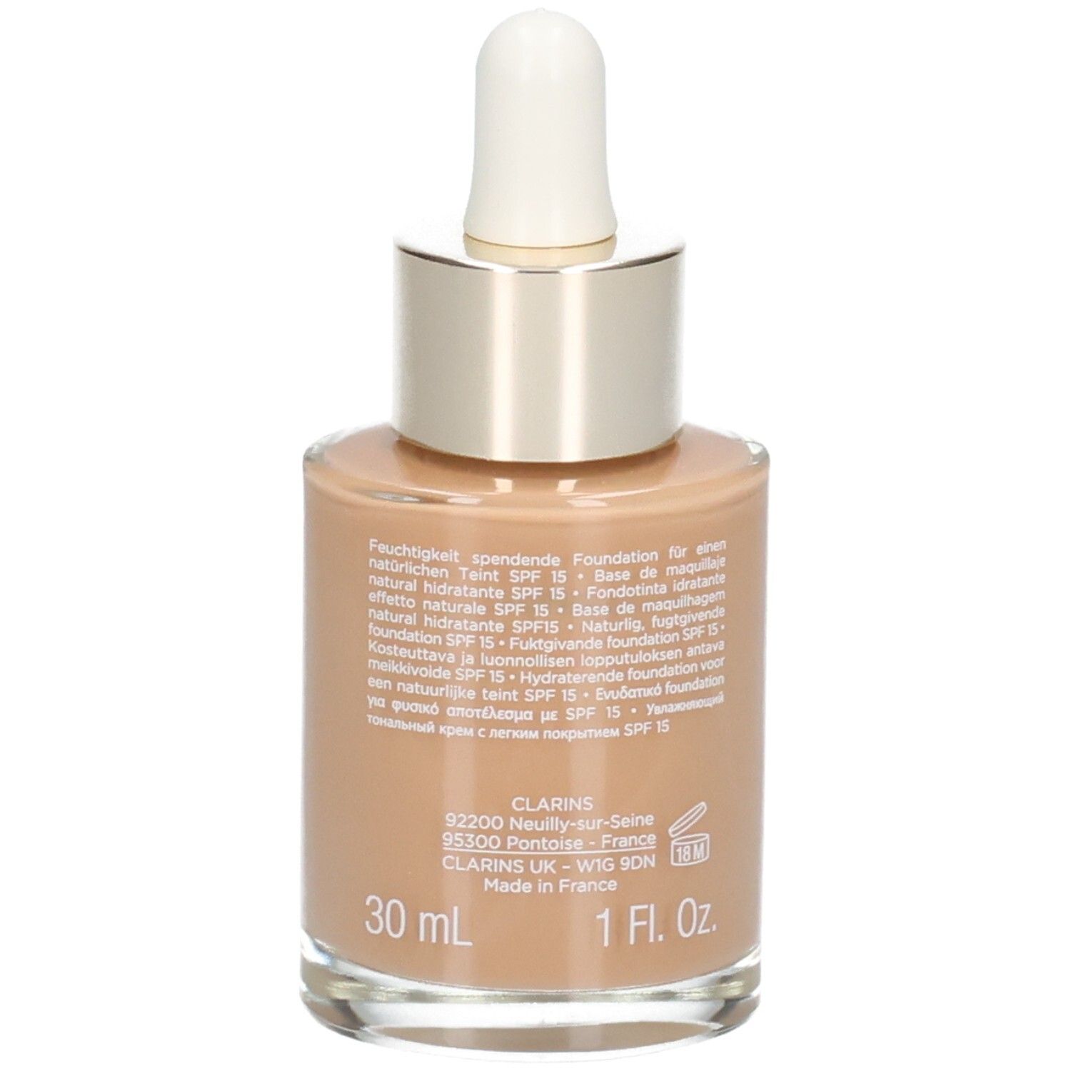 Fond de teint Clarins Skin Illusion, teinte 114C Cappuccino, 30ml, Fabriqué en France.