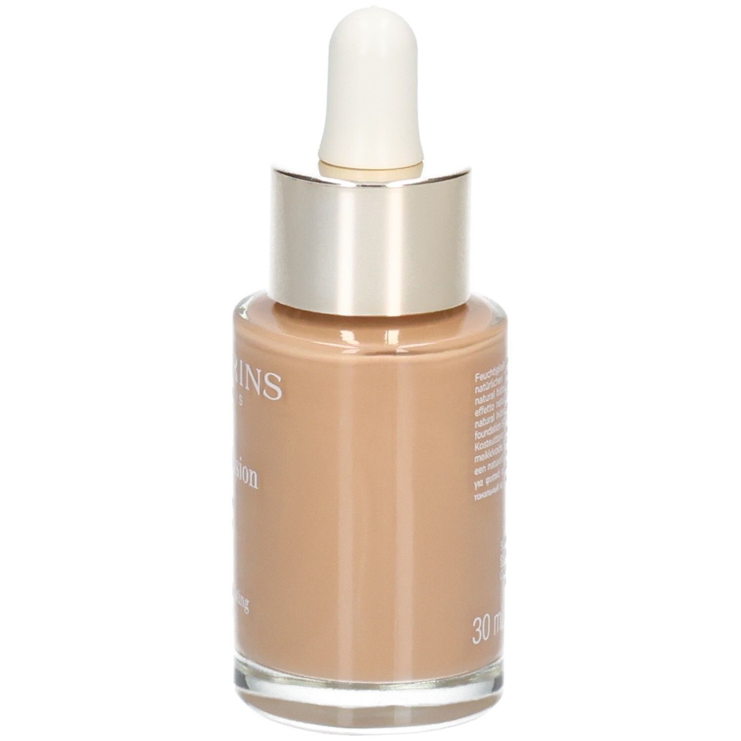 Fond de teint Clarins Skin Illusion, teinte 114C Cappuccino, flacon en verre avec pipette.
