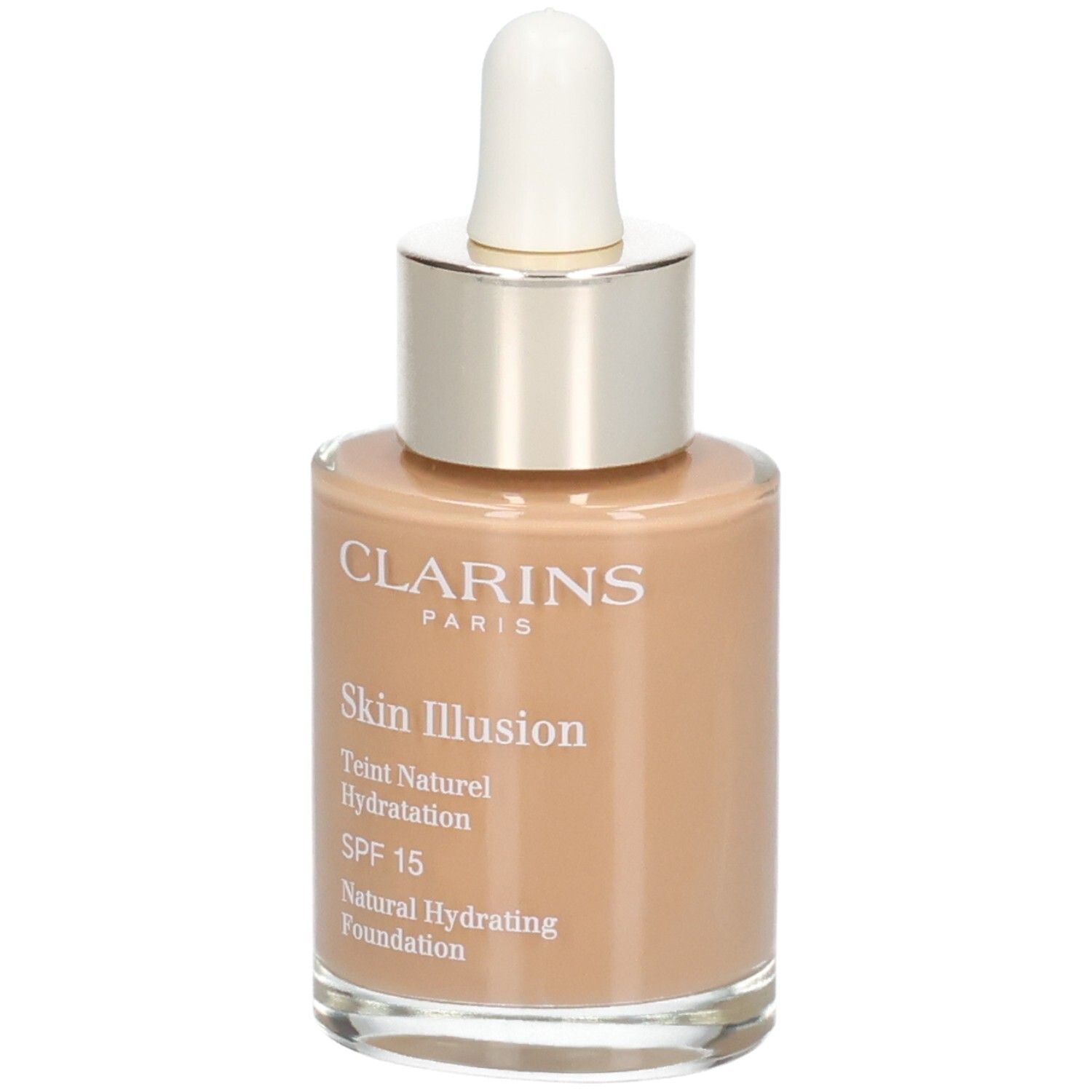 Fond de teint Clarins Skin Illusion, teinte 114C Cappuccino, avec pipette.