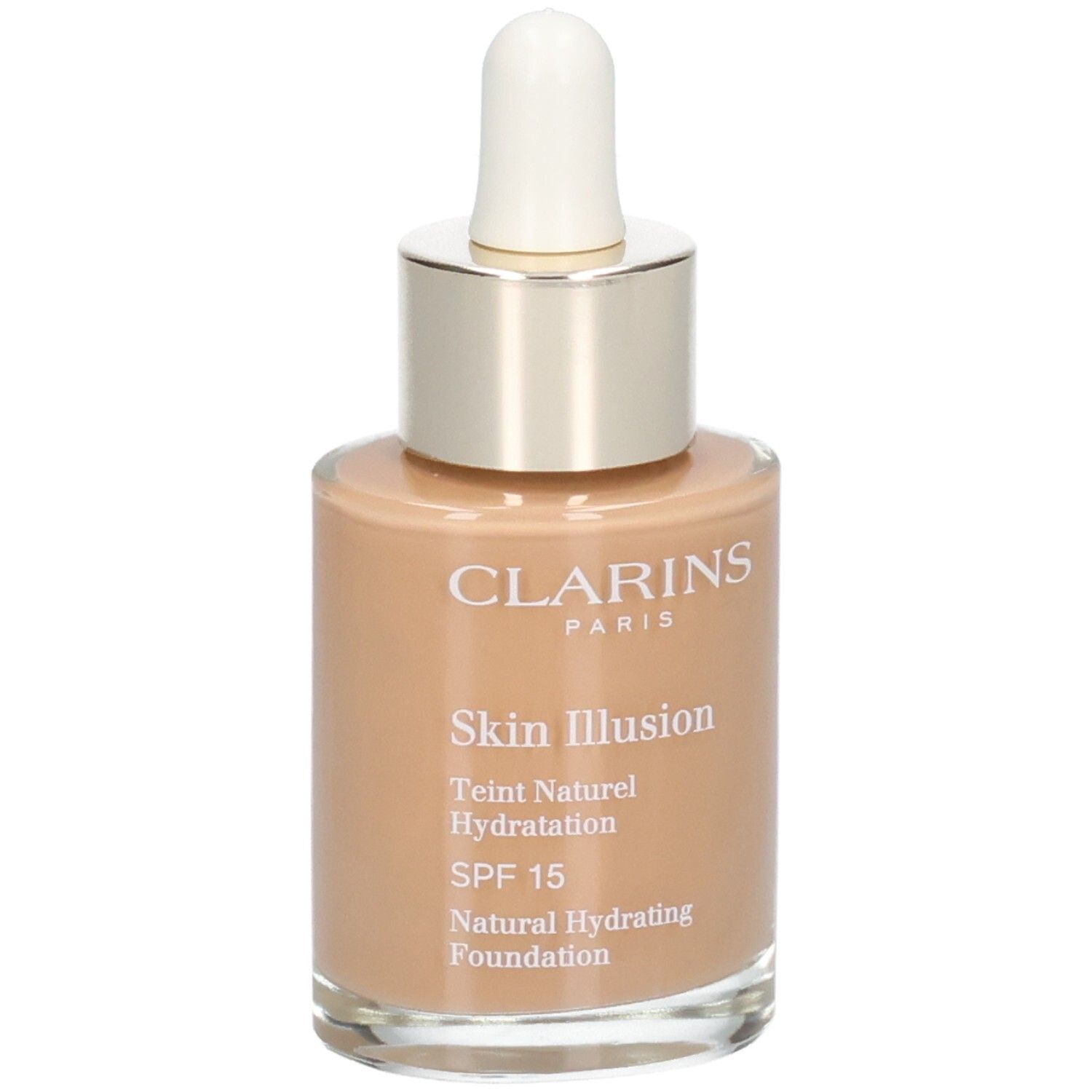 Fond de teint Clarins Skin Illusion, teinte 114C Cappuccino, avec pipette.