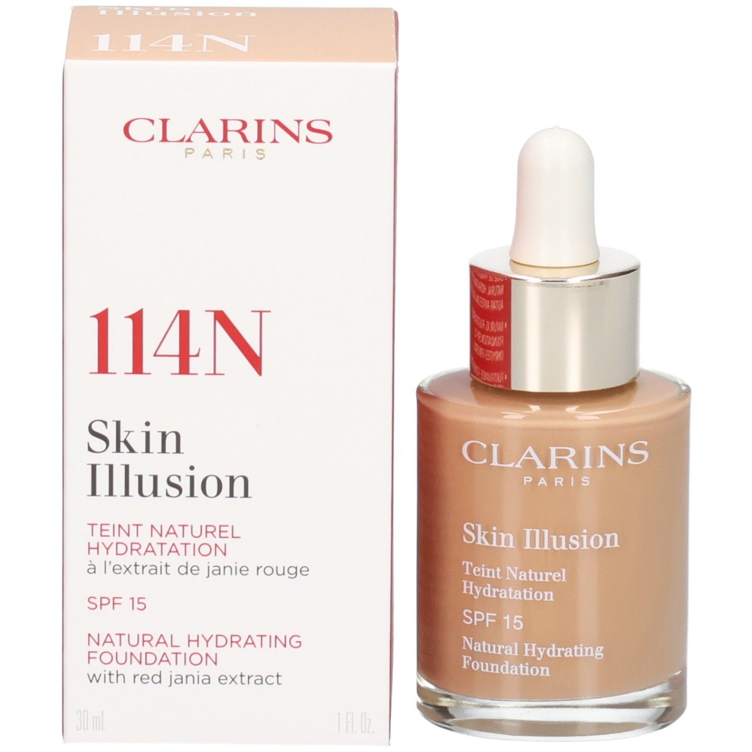 Fond de teint Clarins Skin Illusion 114C Cappuccino et son emballage.
