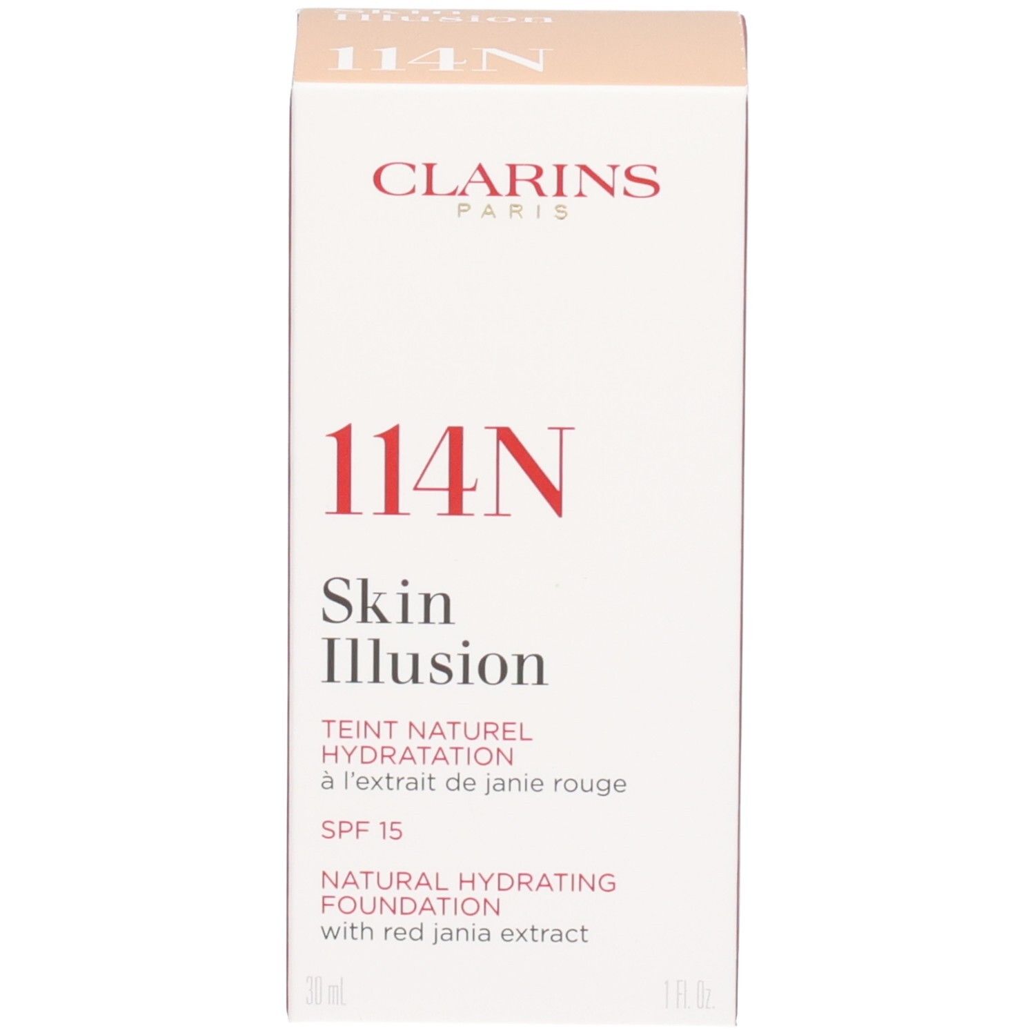 Fond de teint Clarins Skin Illusion 114C Cappuccino et son emballage.