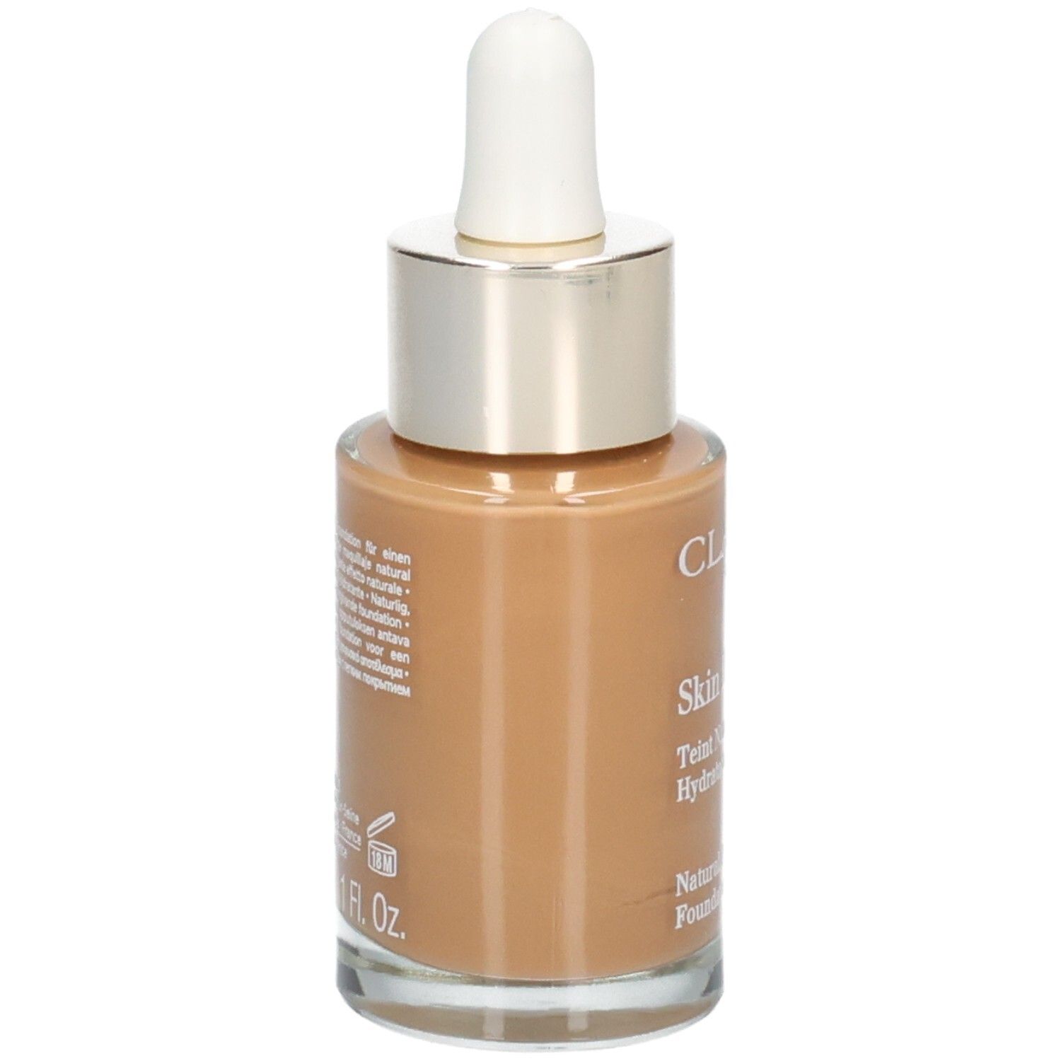 Clarins Skin Illusion Fond de Teint, arrière du flacon verre avec pipette, teinte 116.5 Coffee.