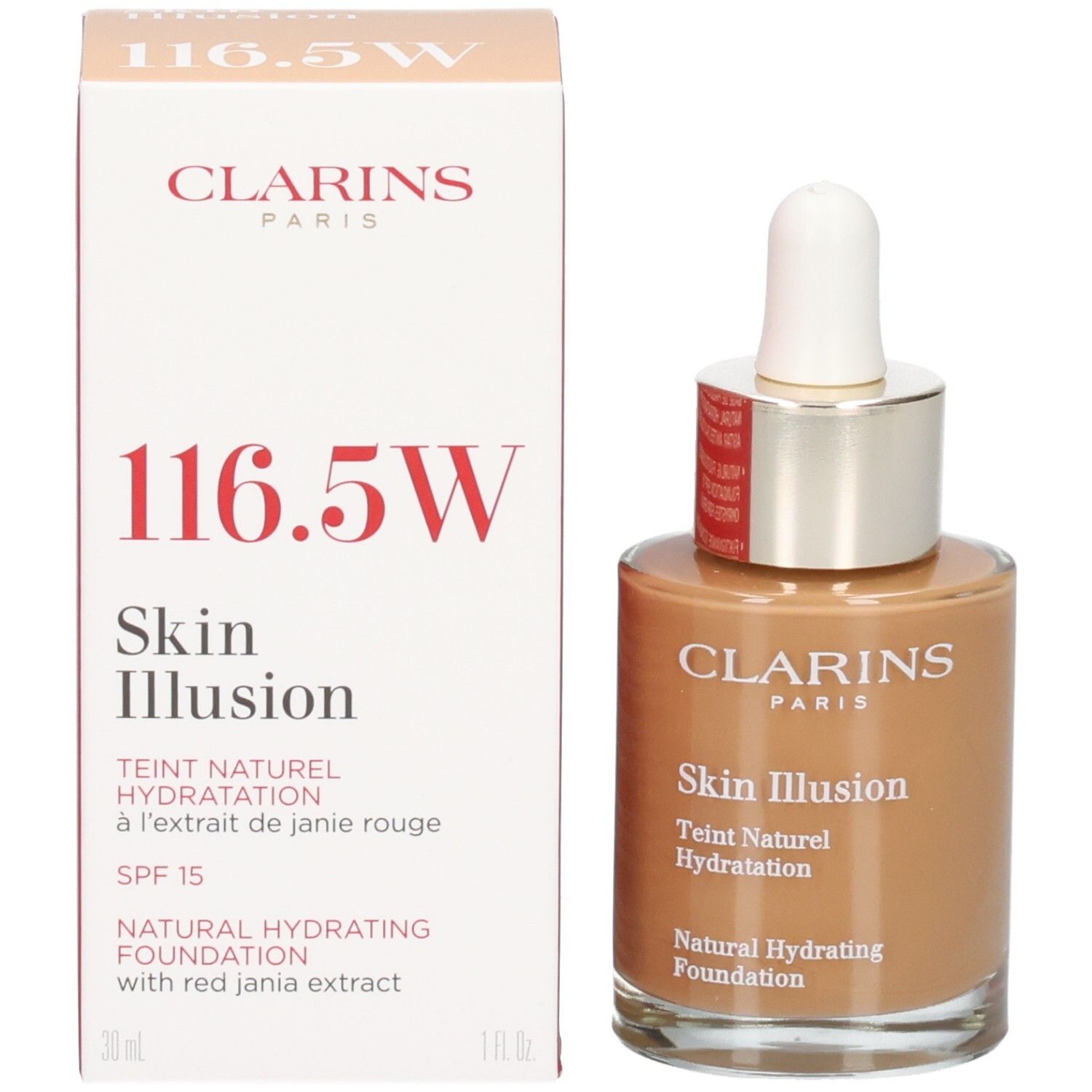 Clarins Skin Illusion Fond de Teint 116.5W et emballage, Teint Naturel Hydratation, SPF 15.