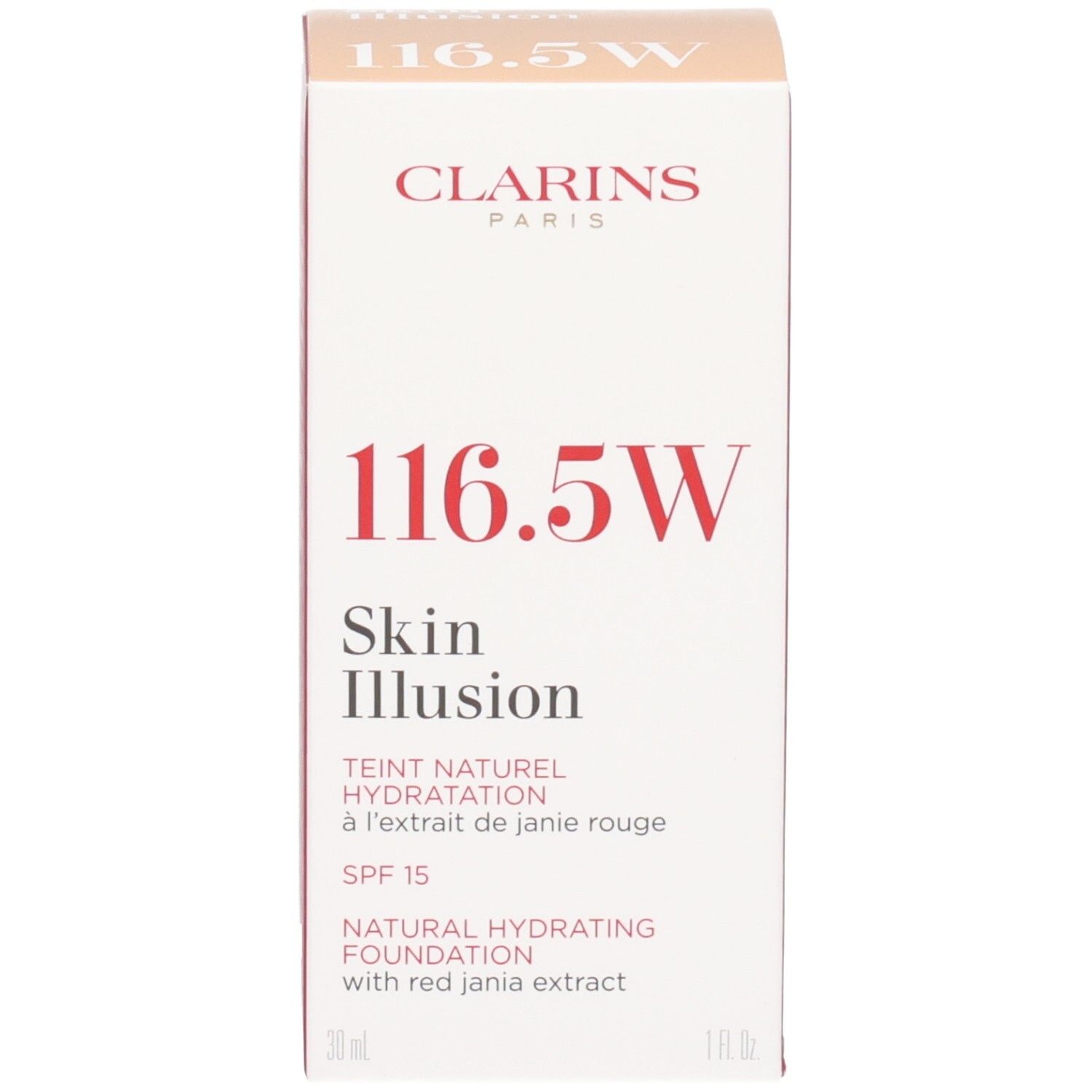 Clarins Skin Illusion Fond de Teint 116.5W et emballage, Teint Naturel Hydratation, SPF 15.