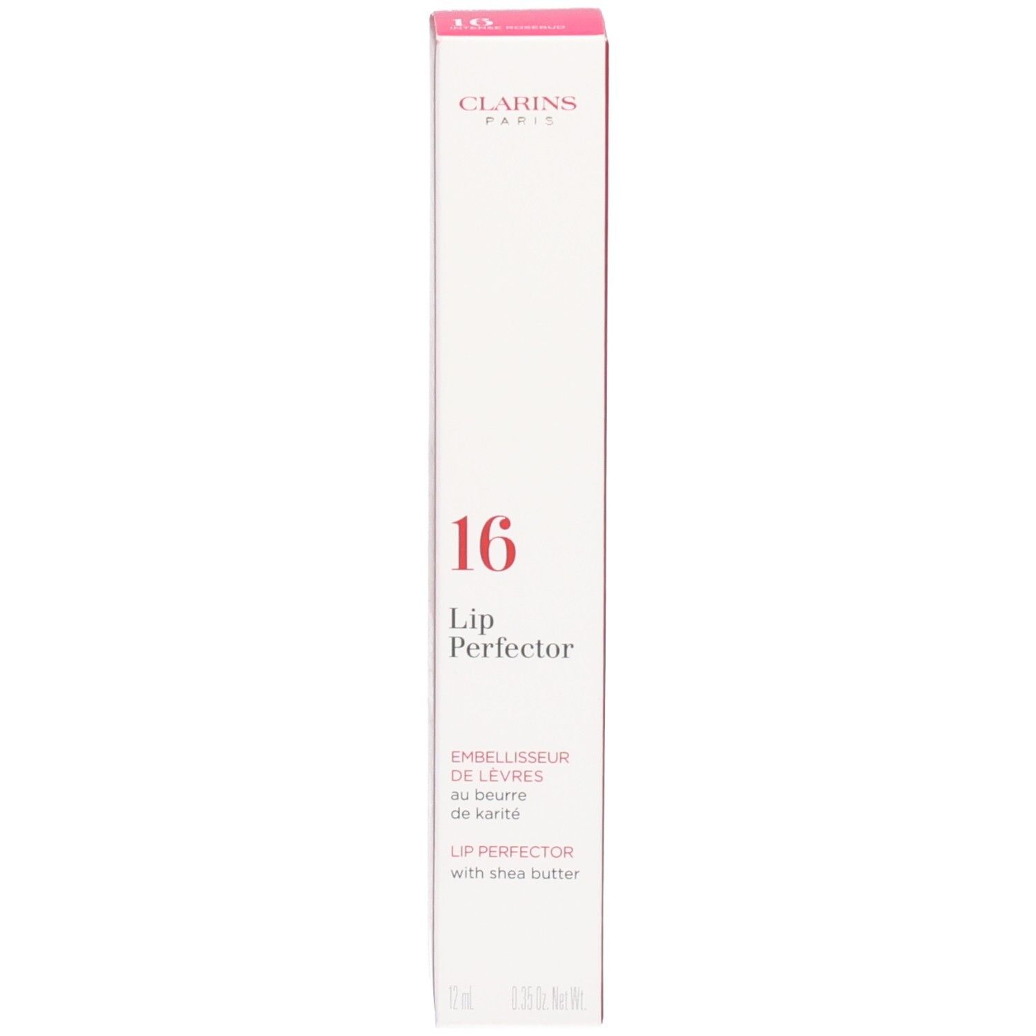 Emballage du Clarins Lip Perfector 16 avec informations produit.