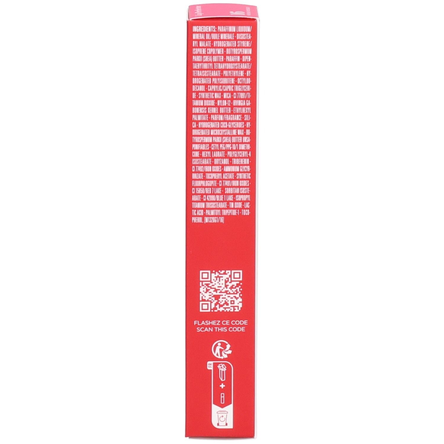 Côté de l'emballage Clarins Lip Perfector avec ingrédients et code QR.