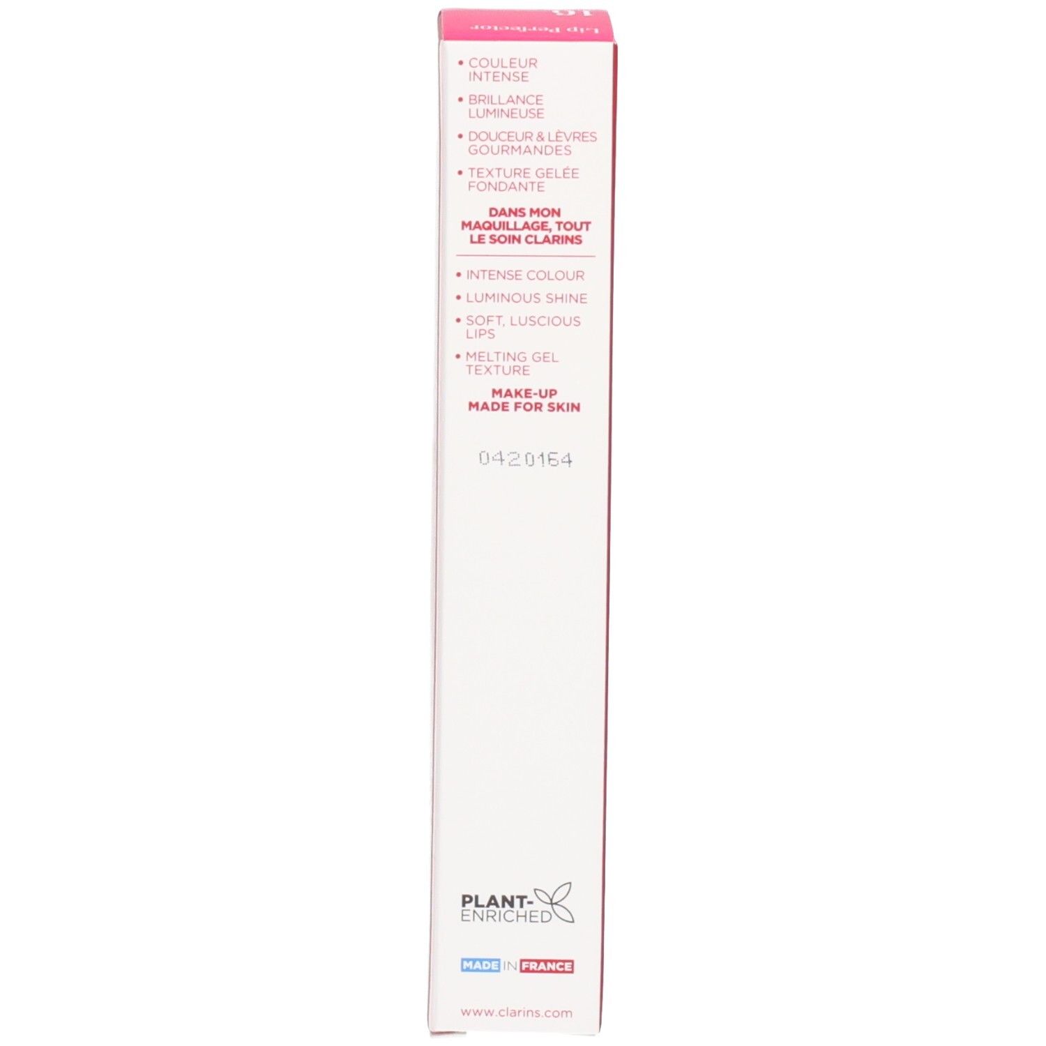 Côté de l'emballage Clarins Lip Perfector avec caractéristiques produit et 'Plant Enriched'.