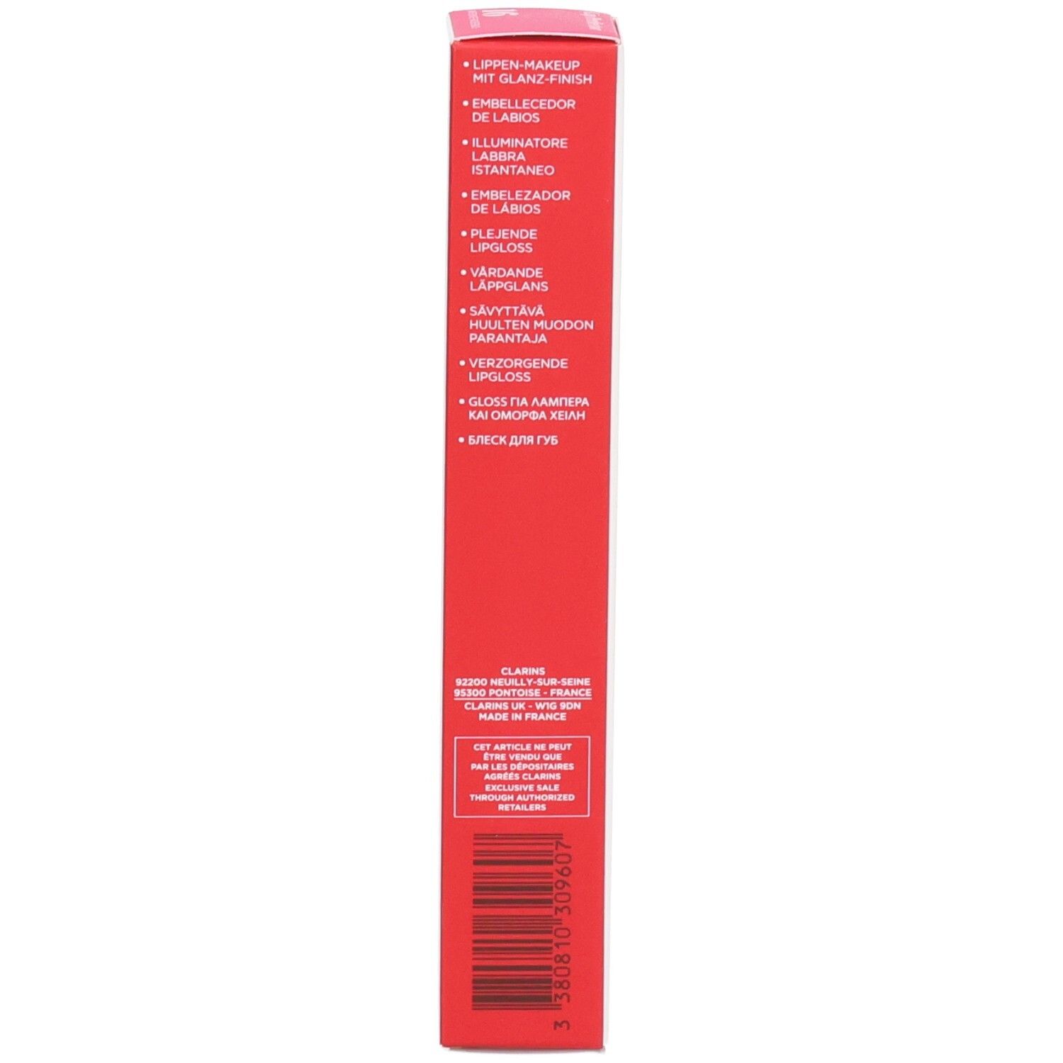 Côté de l'emballage Clarins Lip Perfector avec avantages produit en plusieurs langues.