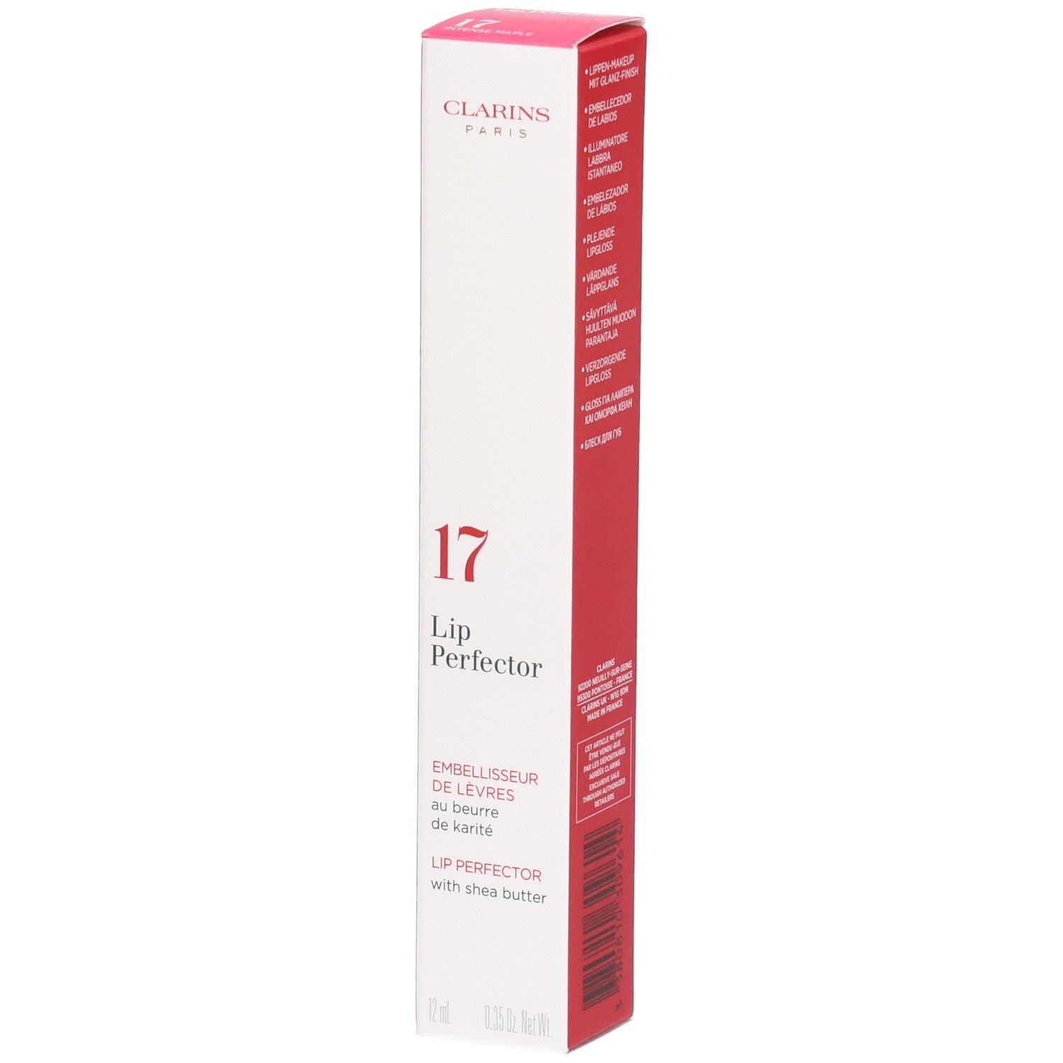 Clarins Lip Perfector 17 dans un emballage rose avec informations produit.