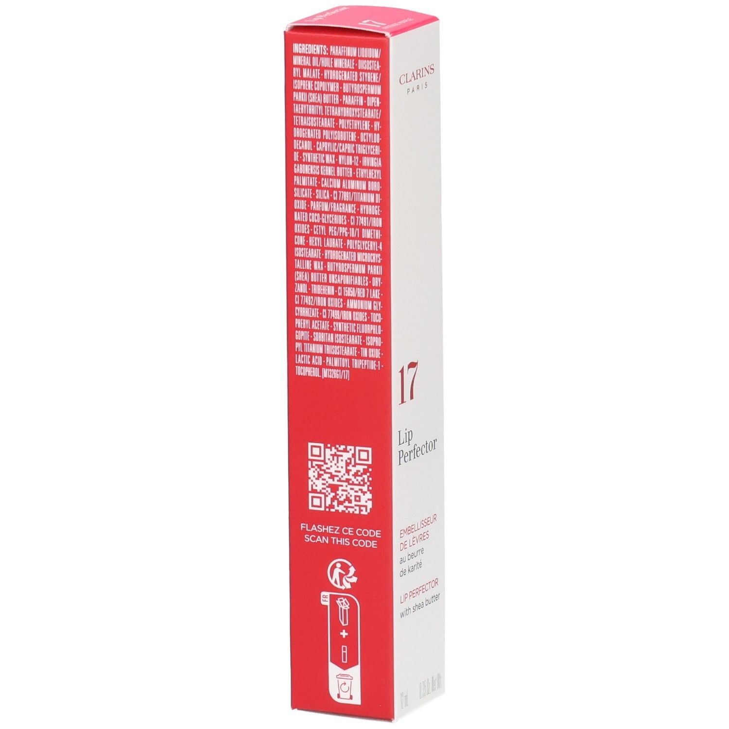 Emballage Clarins Lip Perfector 17 avec liste d'ingrédients et QR code.