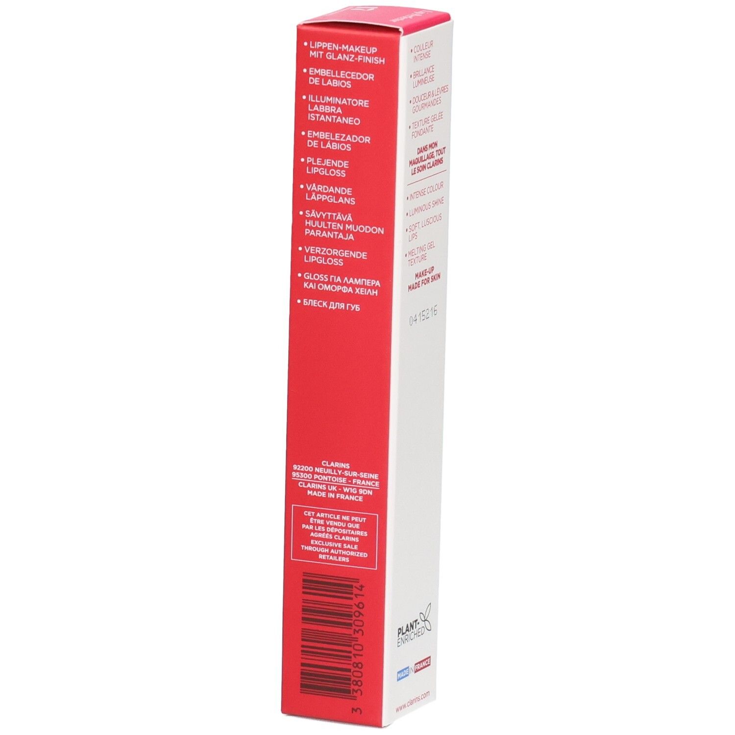 Emballage Clarins Lip Perfector 17 avec code-barres et bénéfices produit.
