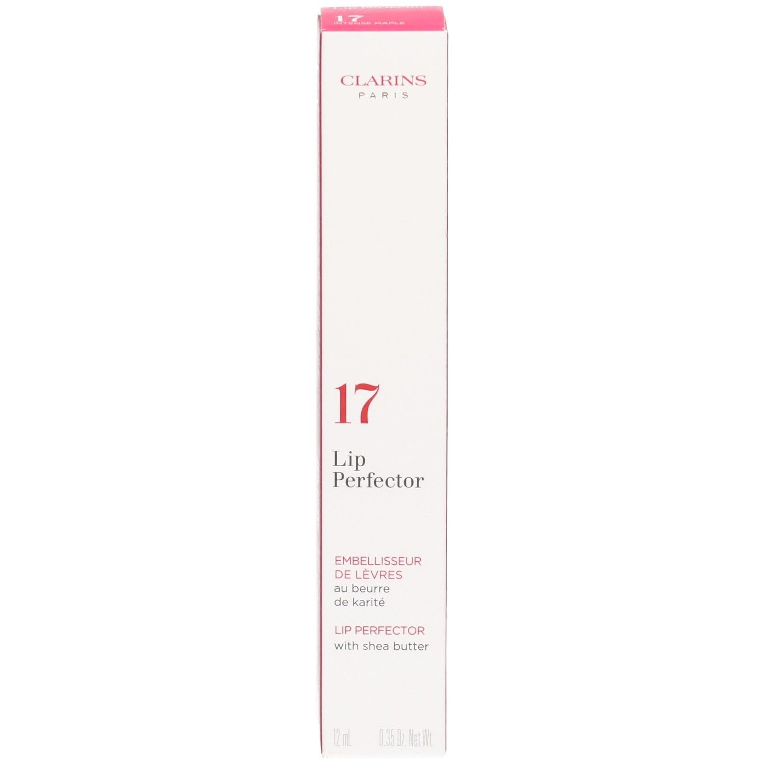 Clarins Lip Perfector 17 dans un emballage rose, face avant avec le numéro 17.