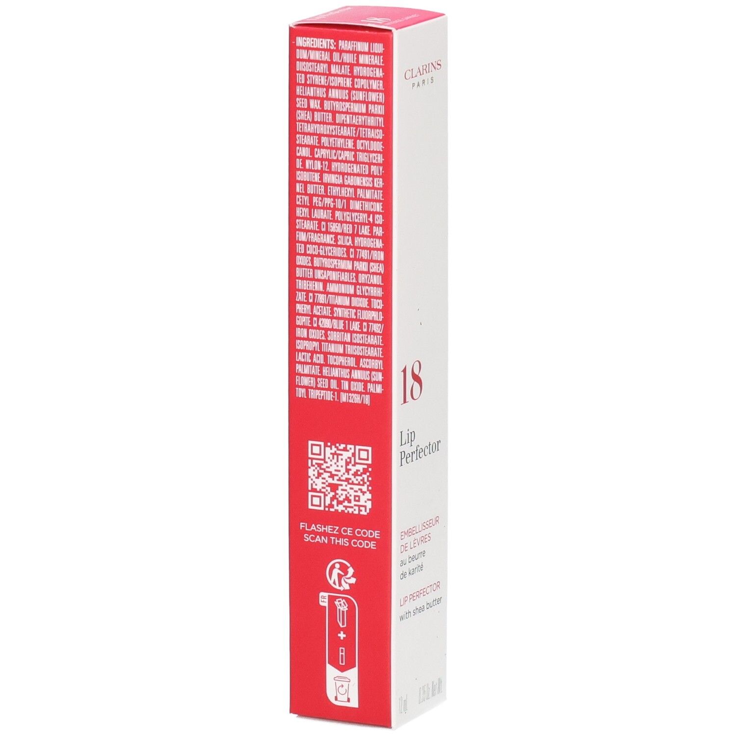 Clarins Lip Perfector 18, verso de l'emballage avec ingrédients et code QR.