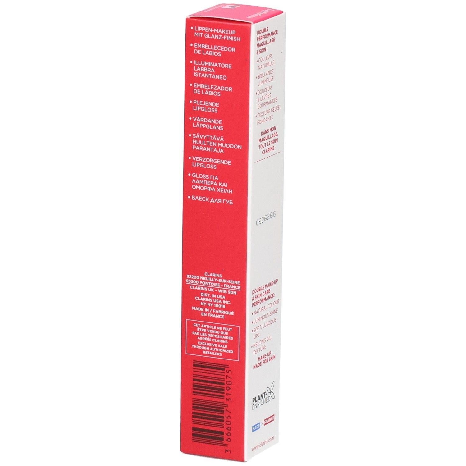 Clarins Lip Perfector 18, côté de l'emballage avec avantages produit en plusieurs langues.