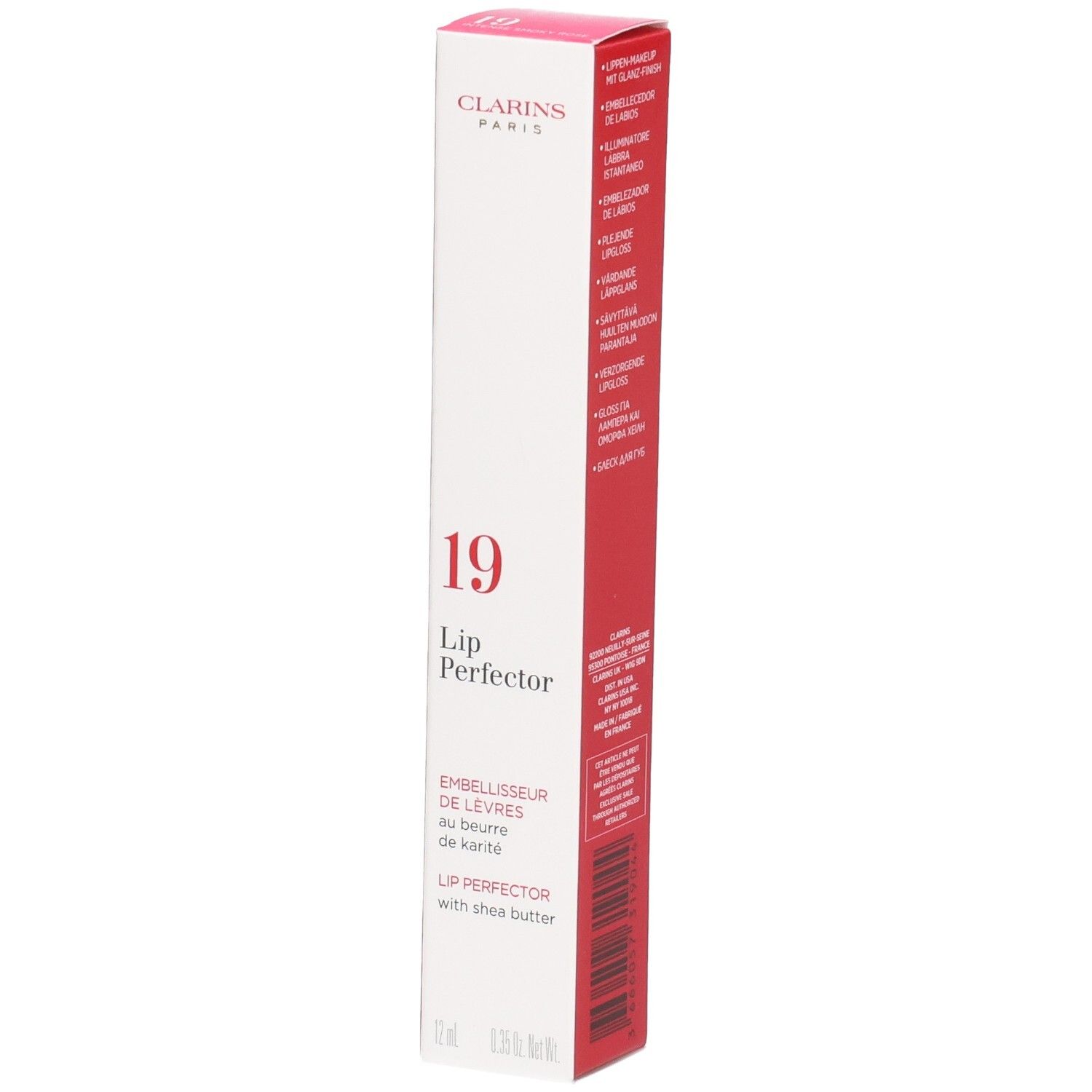 Clarins Lip Perfector 19, emballage de soin pour les lèvres au beurre de karité.