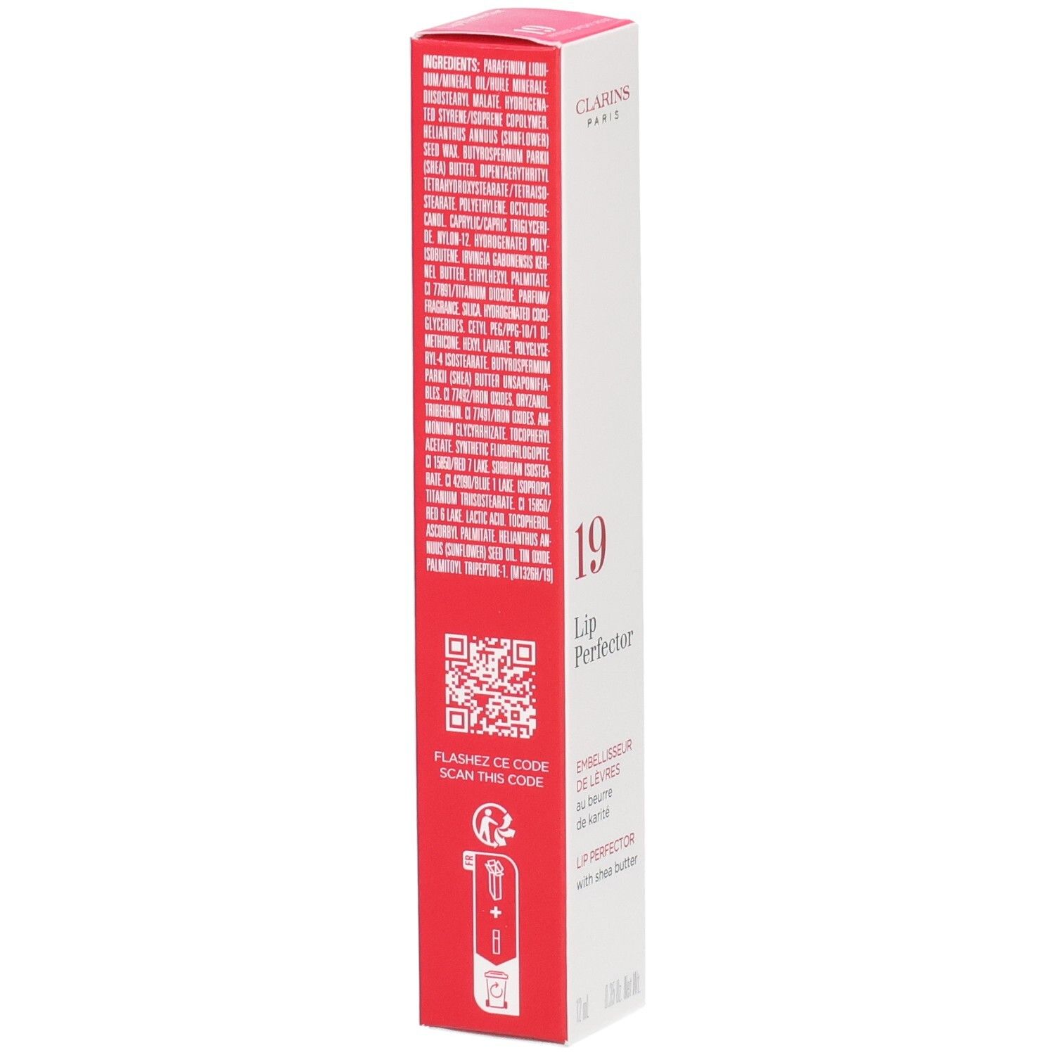 Clarins Lip Perfector 19, dos de l'emballage avec ingrédients et code QR.