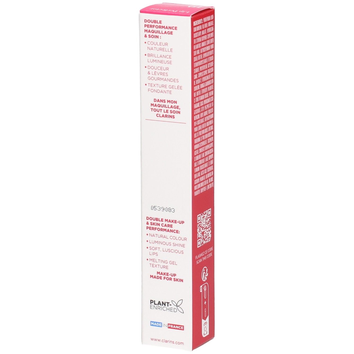 Clarins Lip Perfector 19, vue latérale de l'emballage avec les avantages du produit.