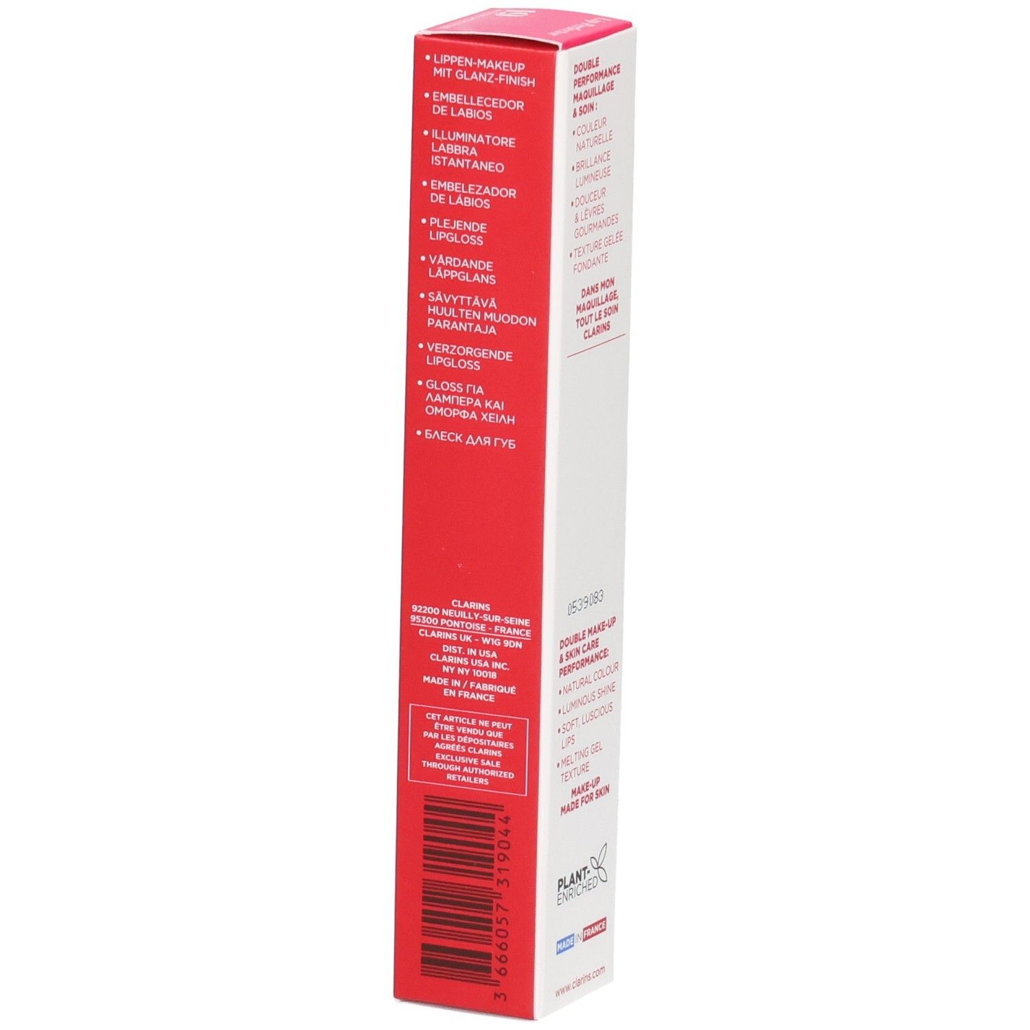 Clarins Lip Perfector 19, emballage avec informations produit et code-barres.
