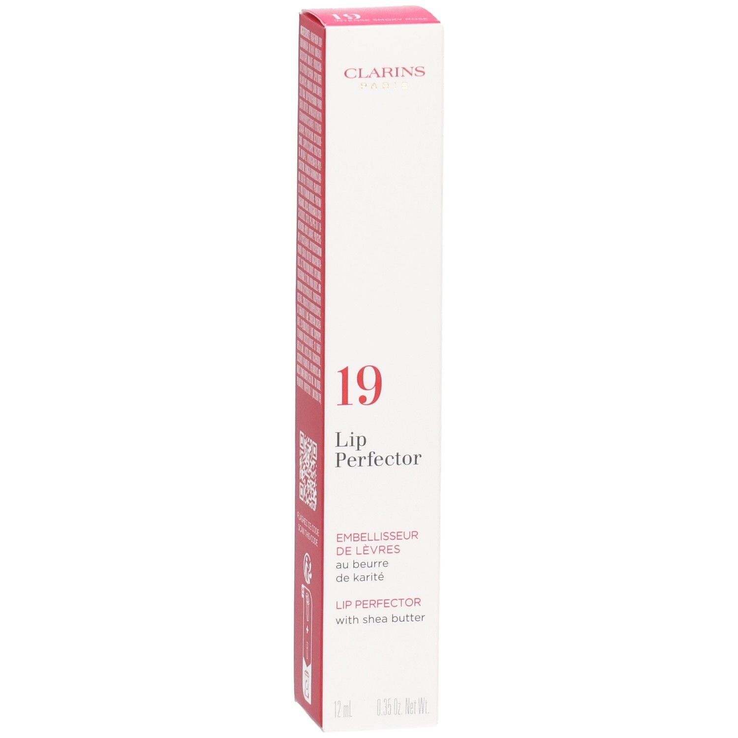 Clarins Lip Perfector 19, emballage de soin pour les lèvres au beurre de karité.