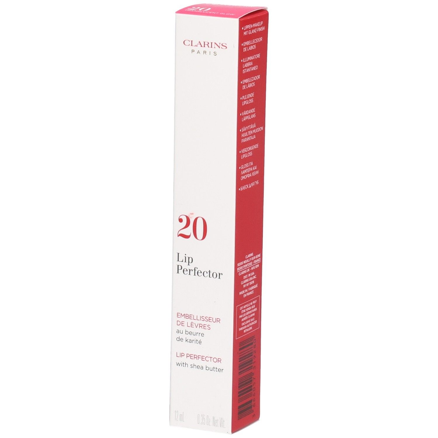 Clarins Lip Perfector 20 en boîte, face avant avec numéro et nom du produit.