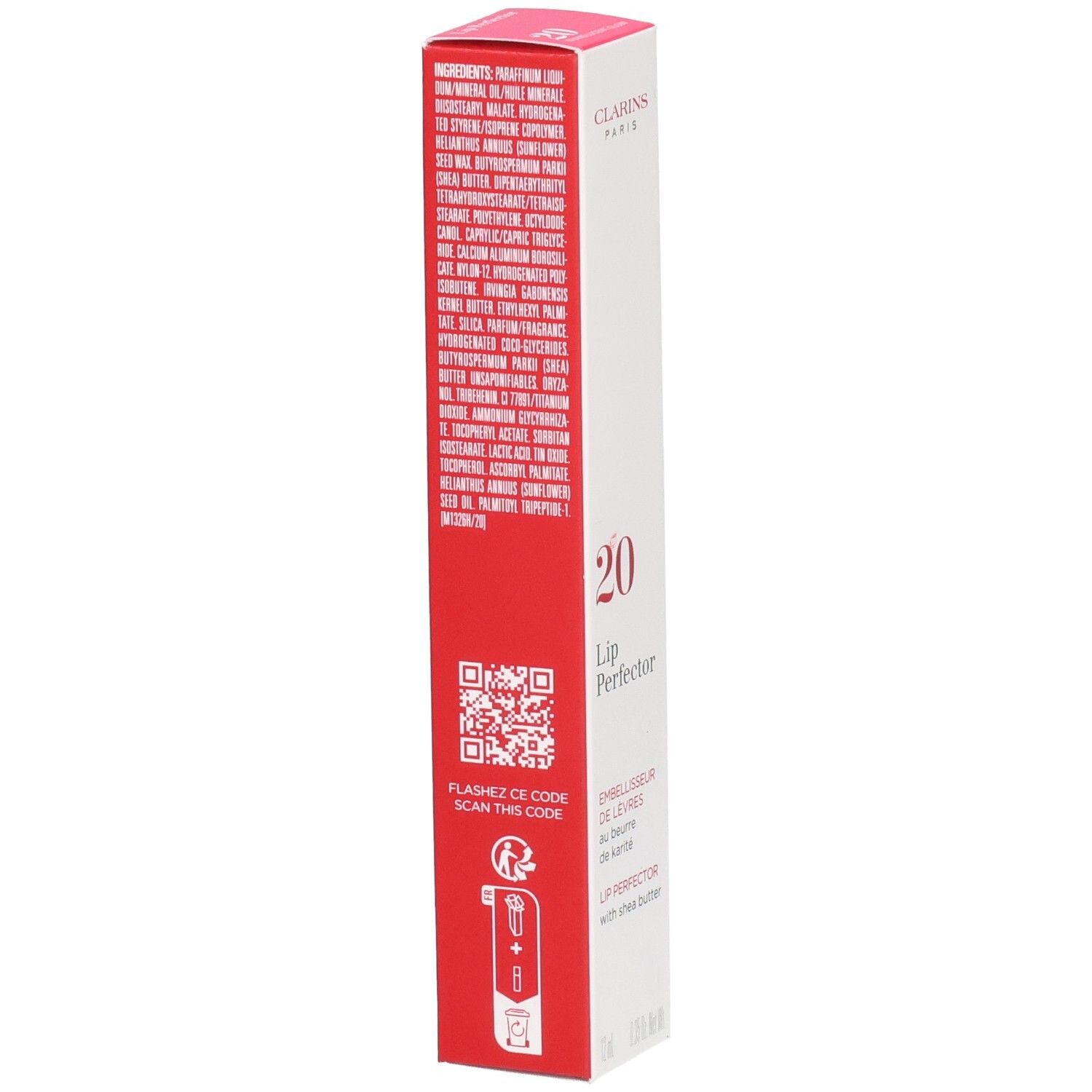 Boîte Clarins Lip Perfector 20, côté avec liste des ingrédients et code QR.
