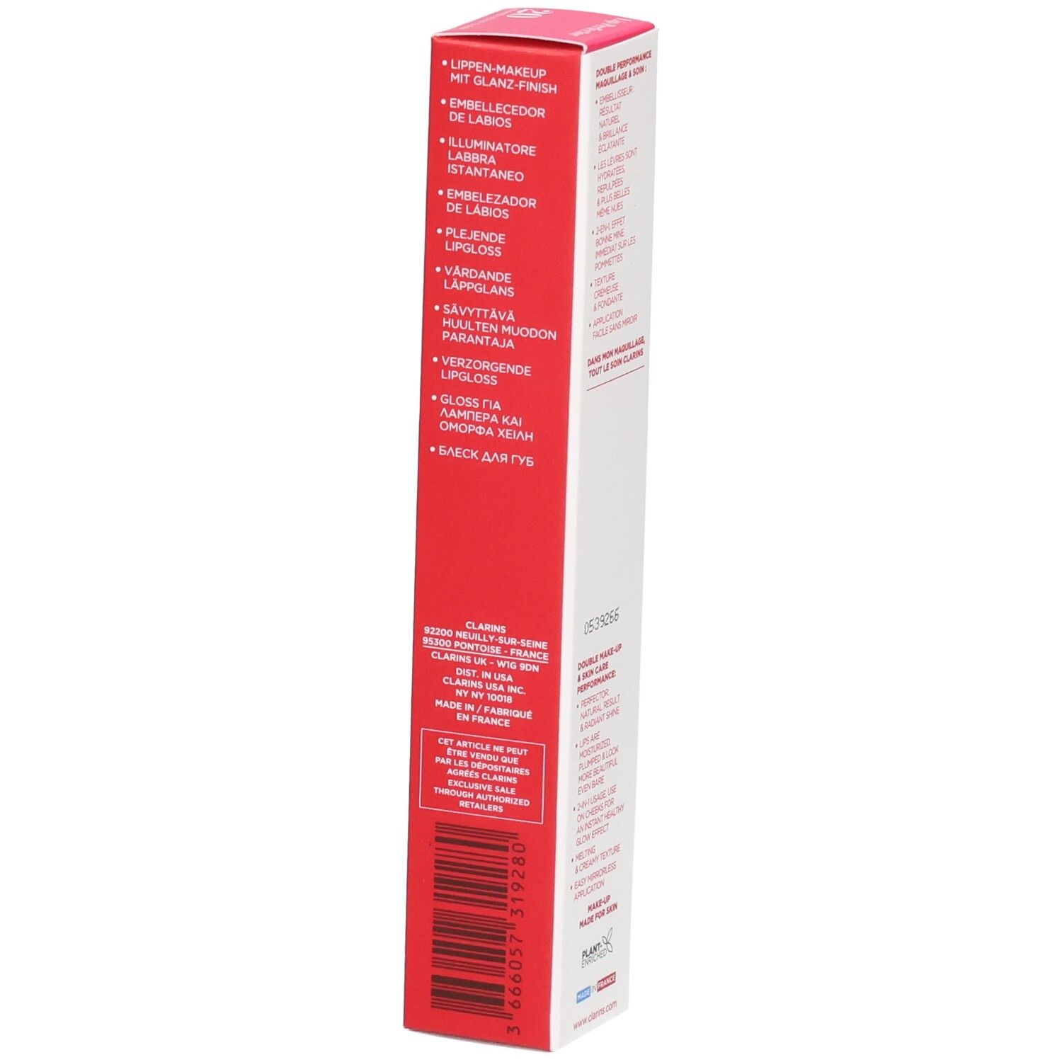 Boîte Clarins Lip Perfector 20, côté avec différentes appellations du produit.