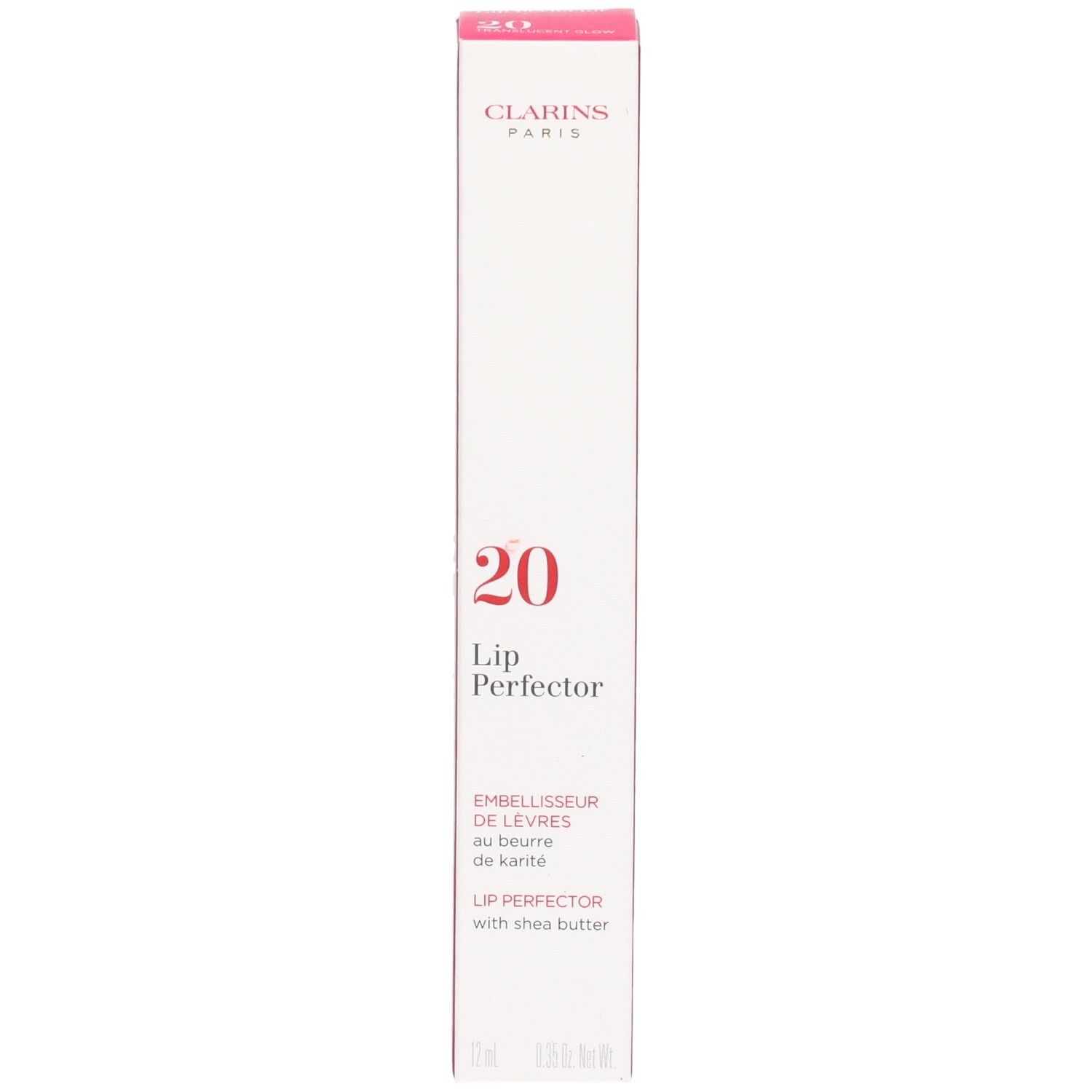 Clarins Lip Perfector 20 en boîte, face avant avec numéro et nom du produit.