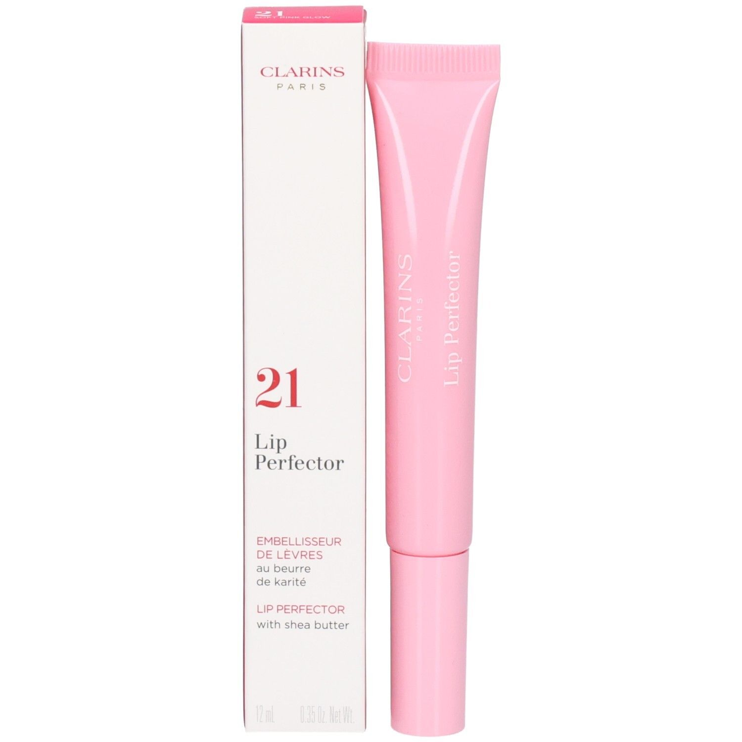 Clarins Lip Perfector 21 Soft Pink Glow avec emballage. Tube rose et boîte blanche avec informations.