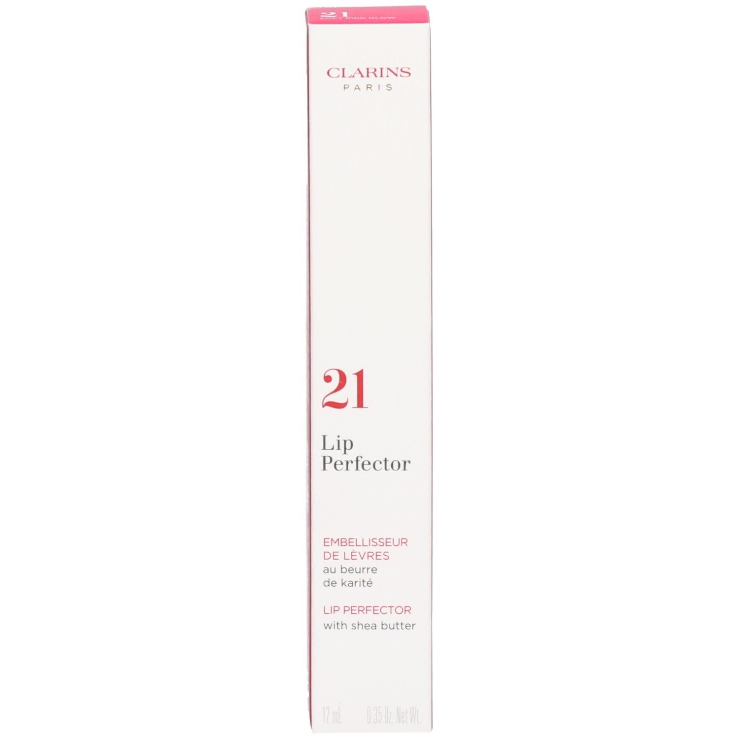 Emballage Clarins Lip Perfector 21 Soft Pink Glow. Boîte blanche avec accents roses et nom du produit.