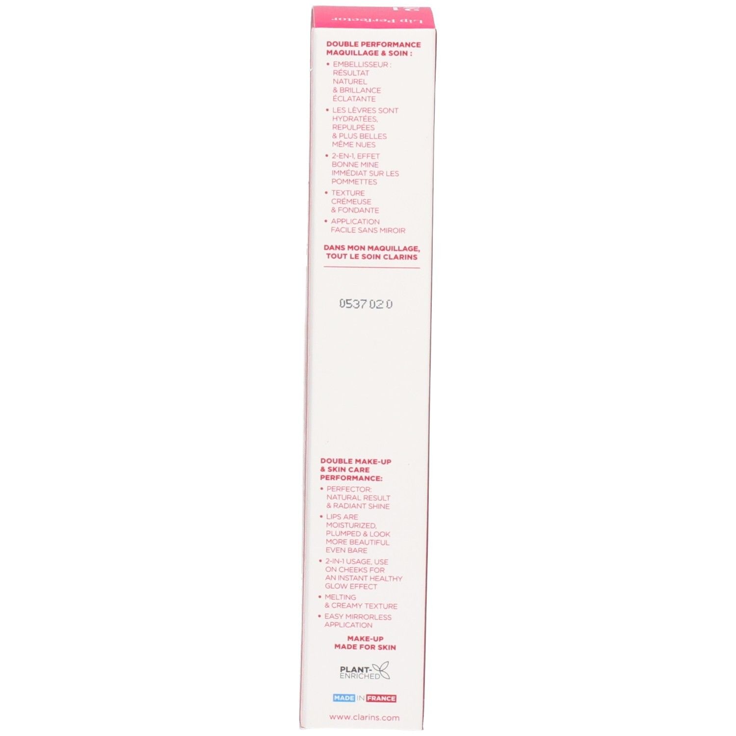 Côté de l'emballage Clarins Lip Perfector 21 Soft Pink Glow avec avantages produit en anglais et français.